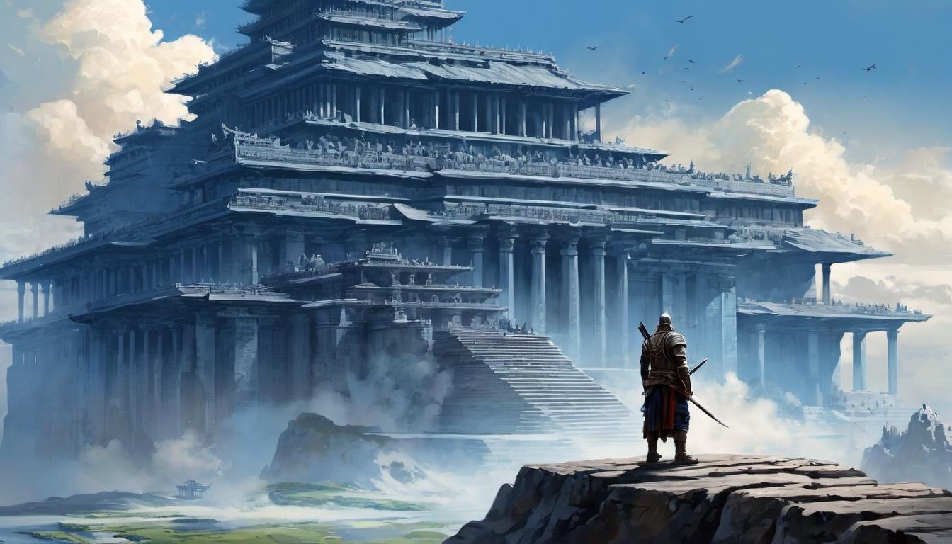  digital painting of A colossal figure, blueprints in hand, background of towering ziggurats, immense scale, visionary, grandiose looking at viewer, dynamic pose, (intricate details, masterpiece, best quality)