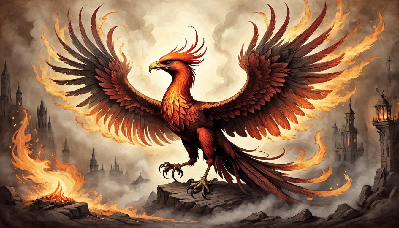  on parchment, surrealism+++, A phoenix rising from ashes, embers glowing, embodiment of hope and resilience, renewal, strength(mysterious, provocative, symbolic,muted color)+++