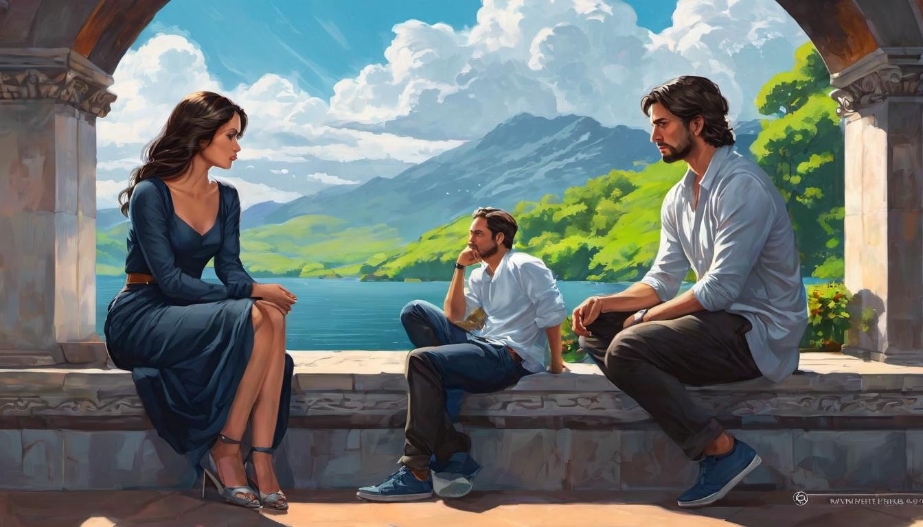  digital illustration, 1man, 1woman, contrasting expressions, man deep in thought, woman with serene indifference, modern clothing, casual setting, subtle light reflecting inner thoughts, duality, balance, contemplation, looking at viewer, dynamic pose, (intricate details, masterpiece, best quality)