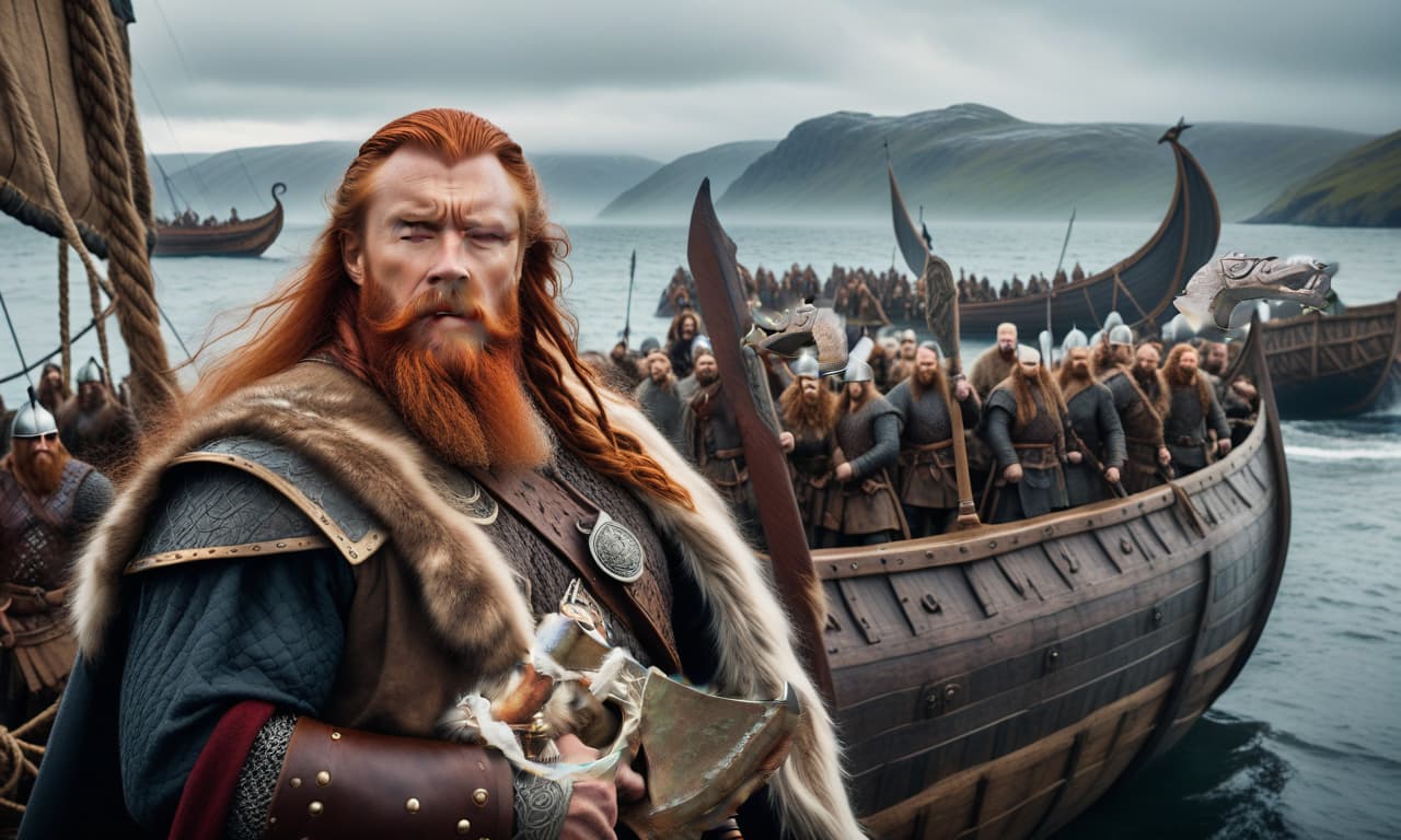  cinematic film still An epic gloomy old Viking pirate, with dark, wrinkled face, long winding red hair, and a red beard in his hair and on his chin, holding a battle axe, Viking clothing with intricate details of fur on the shoulder, a suit of iron scale armor, and the ship is decorated with wooden dragon heads. In the distance, on the shore, a Viking settlement is visible, in the style of impasto painting with large broad strokes. . shallow depth of field, vignette, highly detailed, high budget, bokeh, cinemascope, moody, epic, gorgeous, film grain, grainy hyperrealistic, full body, detailed clothing, highly detailed, cinematic lighting, stunningly beautiful, intricate, sharp focus, f/1. 8, 85mm, (centered image composition), (professionally color graded), ((bright soft diffused light)), volumetric fog, trending on instagram, trending on tumblr, HDR 4K, 8K