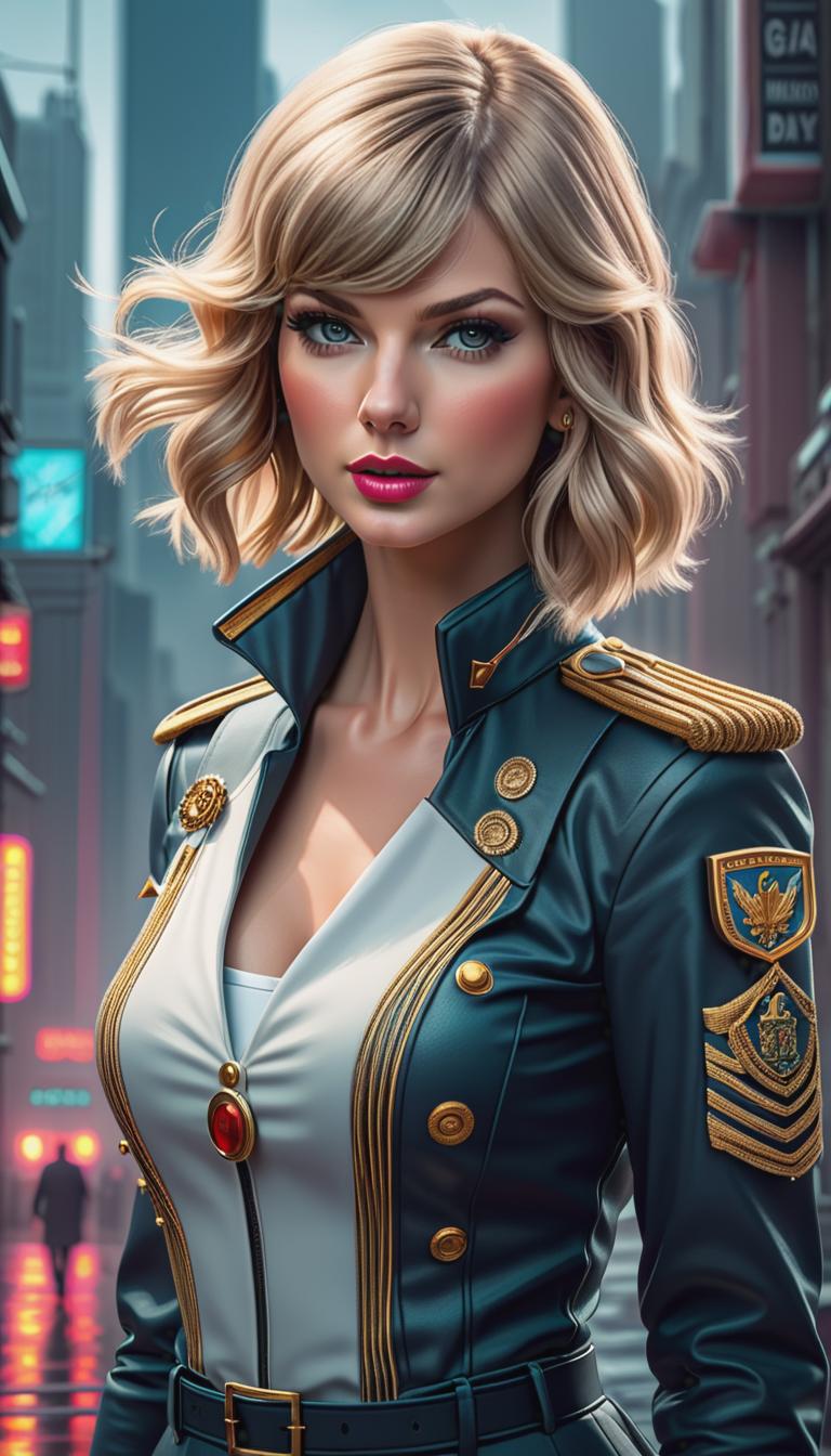  Cyberpunk style depiction of Taylor Swift as a sailor. The scene is set in a world where technology has advanced, but society and human conditions have not, creating a gritty, dystopian atmosphere. hyperrealistic, full body, detailed clothing, highly detailed, cinematic lighting, stunningly beautiful, intricate, sharp focus, f/1. 8, 85mm, (centered image composition), (professionally color graded), ((bright soft diffused light)), volumetric fog, trending on instagram, trending on tumblr, HDR 4K, 8K