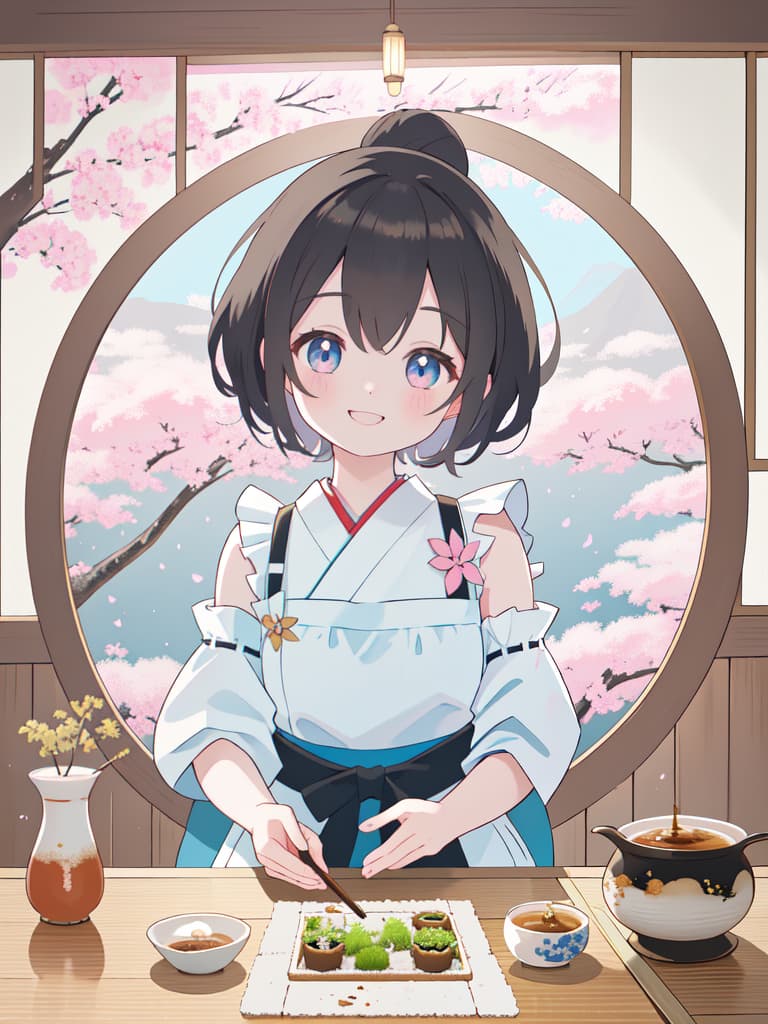  Japanese Painting Style, FRILL APRON, BARE SHOULDER, CARRY A TRAY, HAPPY SMILE, Japanese Cafe, Best Quality: 1.4, ULTRA DETALED EXTURE, Raw PhotOREALISTIC, Absurd Resolution, 8k Illustration, 💩, 💩, 💩, 💩, 💩, 💩,, masterpiece, best quality,8k,ultra detailed,high resolution,an extremely delicate and beautiful,hyper detail