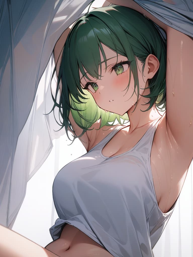  Green hair short hair girls sweaty white tank top, being pushed down by white sheets, the white tank top is transparent and transparent., masterpiece, best quality,8k,ultra detailed,high resolution,an extremely delicate and beautiful,hyper detail