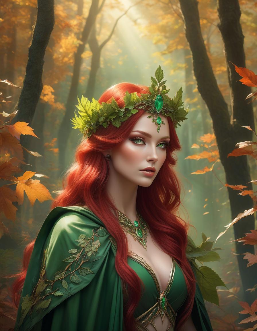  A woman with vibrant red hair and a crown of green leaves set against a soft, forest like backdrop. there is a woman with red hair and green eyes surrounded by leaves, goddess of autumn, beautiful autumn spirit, beautiful digital artwork, fantasy portrait art, hyperrealistic fantasy art, fantasy portrait, fantasy art portrait, detailed fantasy digital art, beautiful fantasy art portrait, detailed matte fantasy portrait, gorgeous digital art, beautiful digital art, portrait of a dryad, beautiful fantasy portrait hyperrealistic, full body, detailed clothing, highly detailed, cinematic lighting, stunningly beautiful, intricate, sharp focus, f/1. 8, 85mm, (centered image composition), (professionally color graded), ((bright soft diffused light)), volumetric fog, trending on instagram, trending on tumblr, HDR 4K, 8K