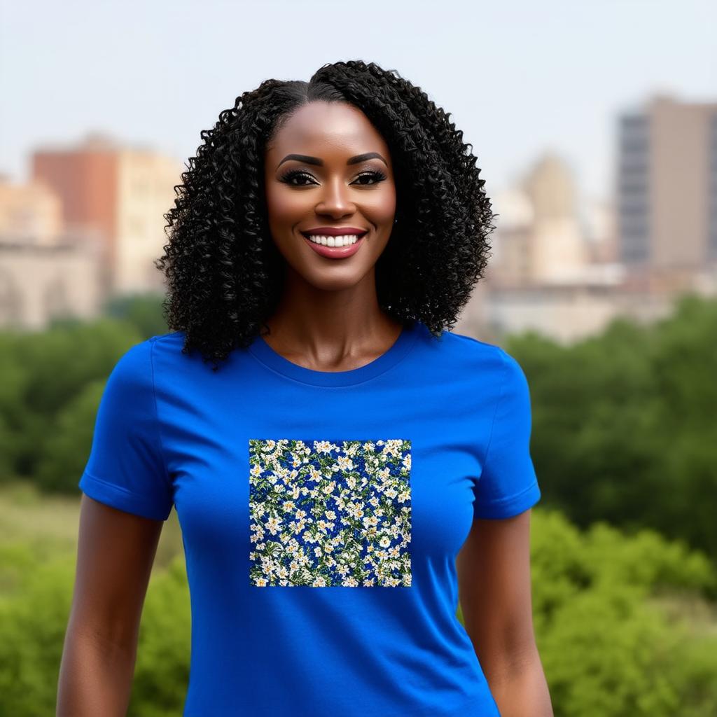  half body portrait black curly happy woman wearing blue t shirt with squared floral pattern on t shirt, Blurred city Background high quality, detailed intricate insanely detailed, flattering light, RAW photo, photography, photorealistic, ultra detailed, depth of field, 8k resolution , detailed background, f1.4, sharpened focus hyperrealistic, full body, detailed clothing, highly detailed, cinematic lighting, stunningly beautiful, intricate, sharp focus, f/1. 8, 85mm, (centered image composition), (professionally color graded), ((bright soft diffused light)), volumetric fog, trending on instagram, trending on tumblr, HDR 4K, 8K