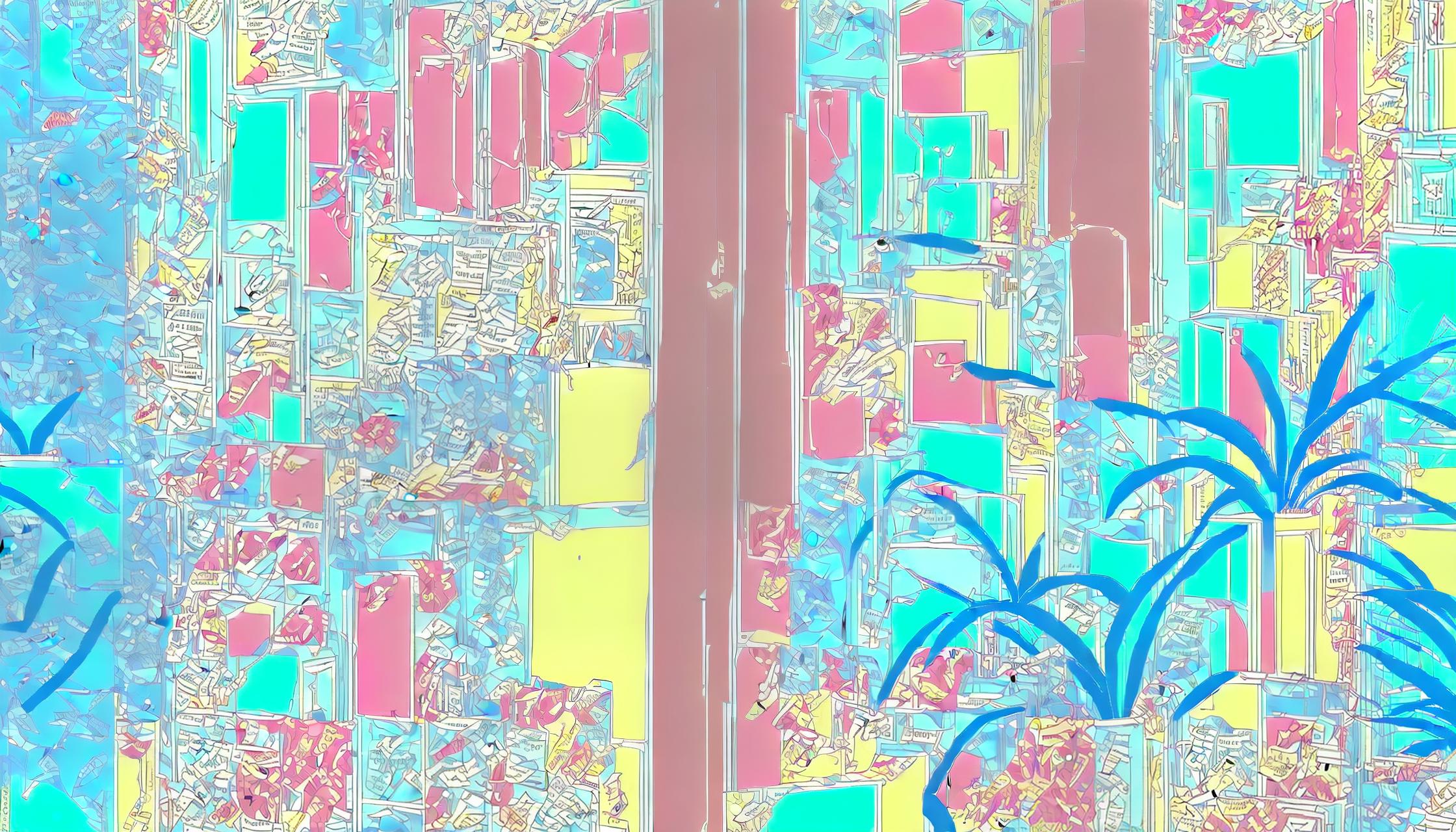 nvinkpunk Image of a few potted plants are on a shelf next to a window, vector art, flat colors, pop art, pattern, city scenery, lofi color, hyper lofi