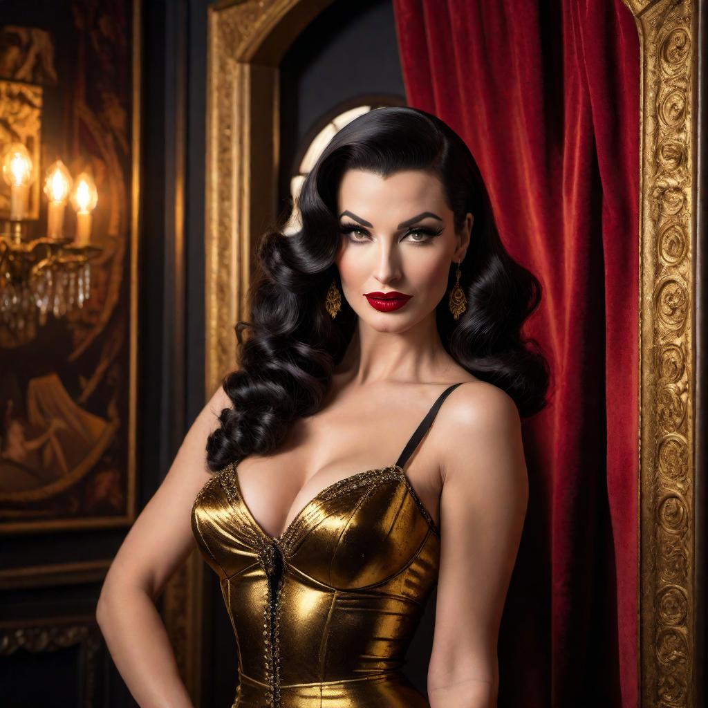  A stunning burlesque dancer in the style of Betty Paige and Norma Jean, with a snarl Mona Lisa smile on her face. She has wavy dark hair, glamorous red lipstick, and is dressed in a black and gold outfit. The background features a vintage keyhole, adding an air of mystery and allure. The scene is set in a 1950s vintage nightclub, with velvet curtains and dim, warm lighting. hyperrealistic, full body, detailed clothing, highly detailed, cinematic lighting, stunningly beautiful, intricate, sharp focus, f/1. 8, 85mm, (centered image composition), (professionally color graded), ((bright soft diffused light)), volumetric fog, trending on instagram, trending on tumblr, HDR 4K, 8K