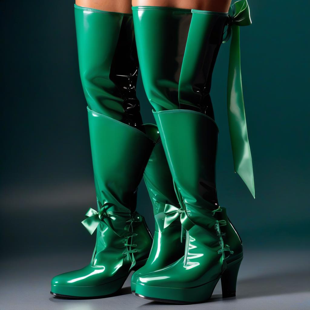  on the legs: trousers tucked into high surgical shoe covers, knee high, with ribbon ties, made of glossy latex, the lower part of the shoe cover, covers the foot, from the sole to the ankle, color dark green, the upper part of the shoe cover, fits the calves, from the ankle knee length, dark blue hyperrealistic, full body, detailed clothing, highly detailed, cinematic lighting, stunningly beautiful, intricate, sharp focus, f/1. 8, 85mm, (centered image composition), (professionally color graded), ((bright soft diffused light)), volumetric fog, trending on instagram, trending on tumblr, HDR 4K, 8K