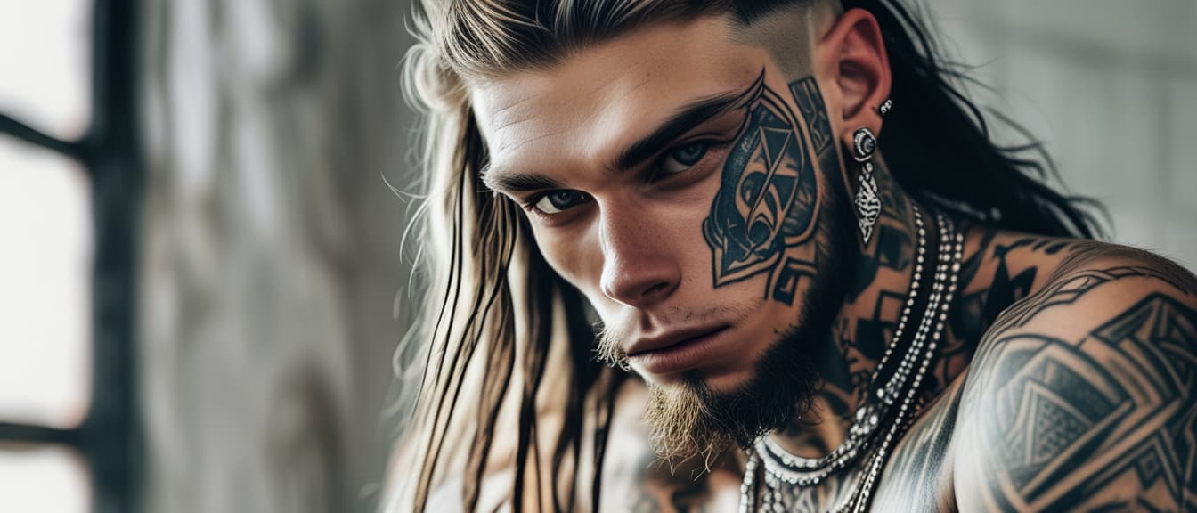  best quality, HD, Portrait of a tattooed caucasian nordic young man with long hair an wearing jewelry