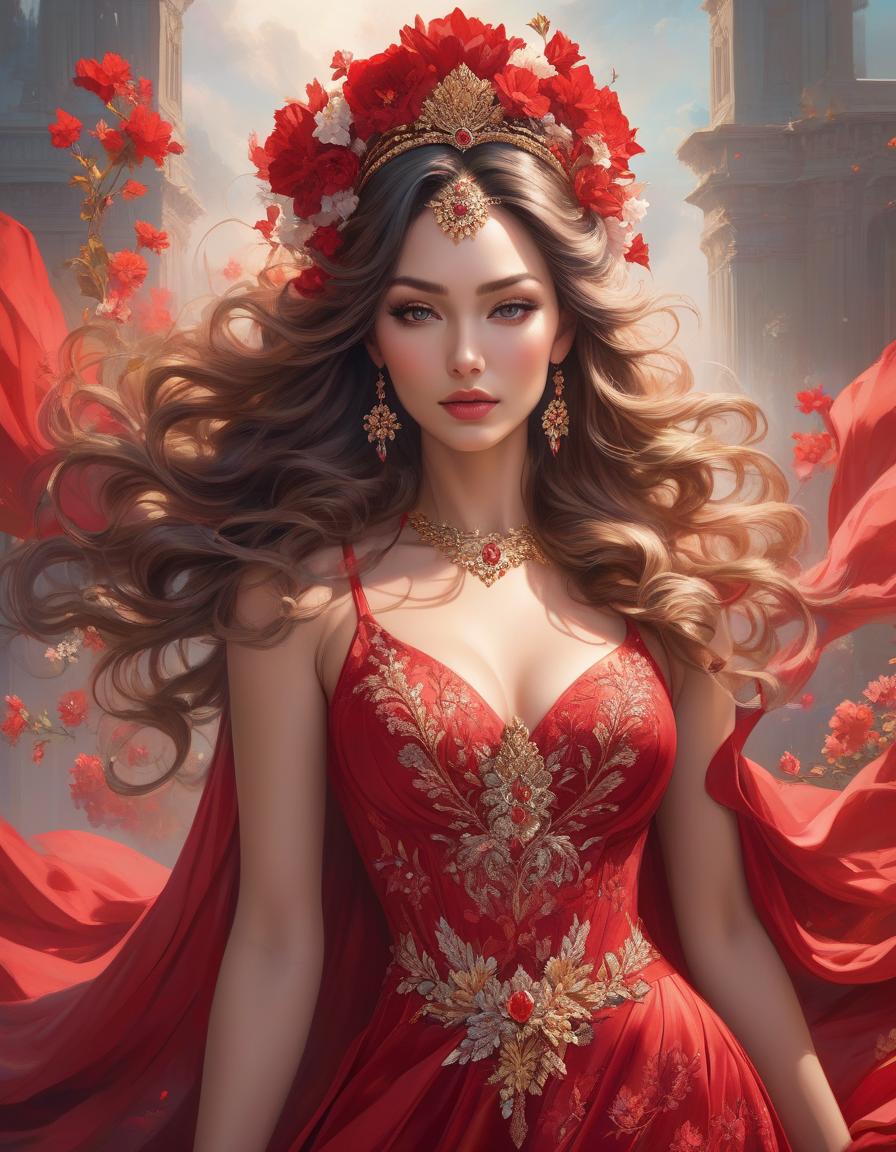  abstract expressionist painting A stunning woman in a vibrant red dress adorned with delicate flowers in her hair, crowned with a regal red tiara, exuding elegance and grace inspired by Magali Villeneuve, fantasy art, karol bak uhd, artgerm, high detailed . energetic brushwork, bold colors, abstract forms, expressive, emotional hyperrealistic, full body, detailed clothing, highly detailed, cinematic lighting, stunningly beautiful, intricate, sharp focus, f/1. 8, 85mm, (centered image composition), (professionally color graded), ((bright soft diffused light)), volumetric fog, trending on instagram, trending on tumblr, HDR 4K, 8K