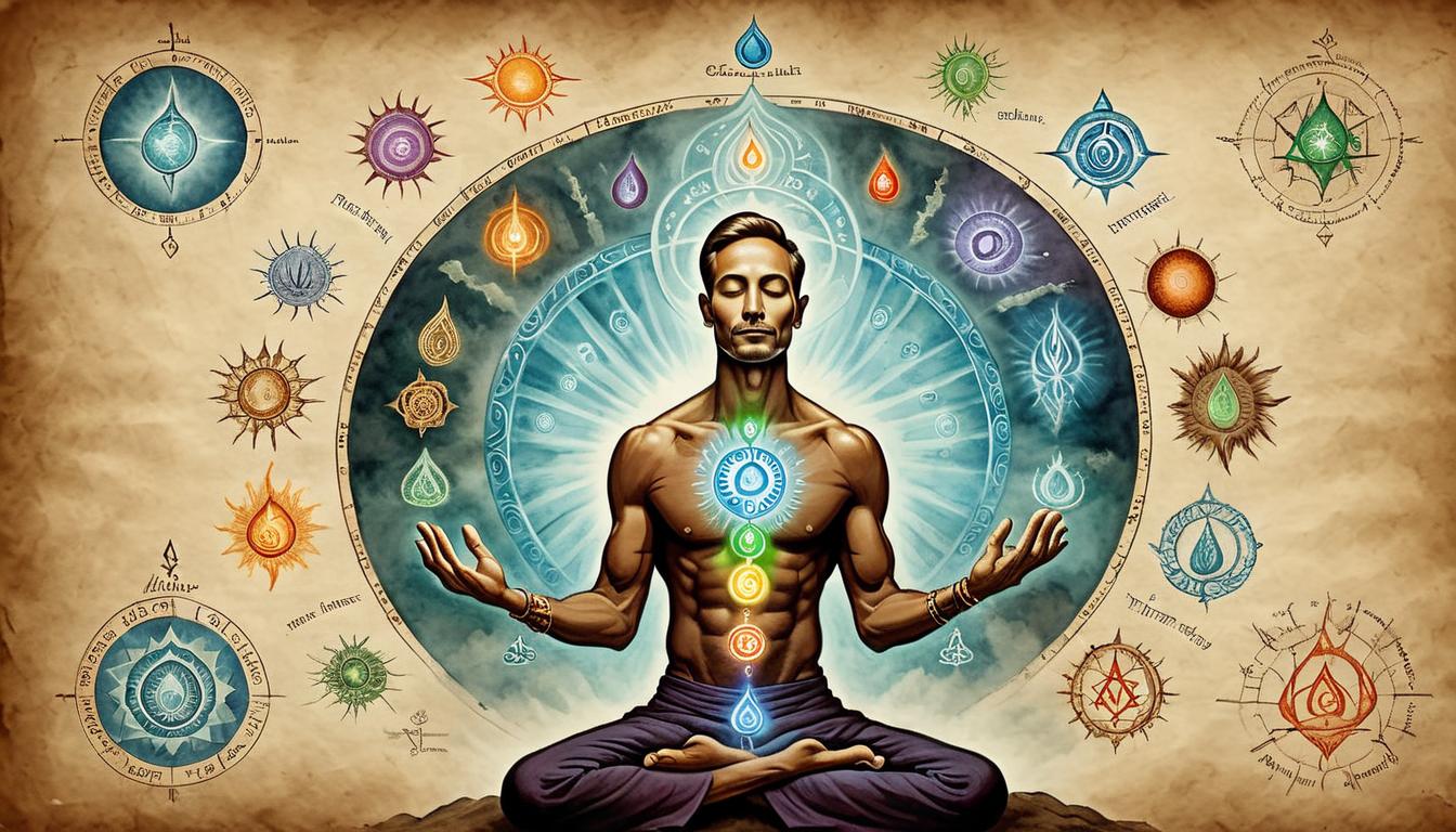  on parchment, surrealism+++, Energy healer performing reiki, chakras glowing on body, hands emitting light, serene environment, rejuvenative, healing(mysterious, provocative, symbolic,muted color)+++