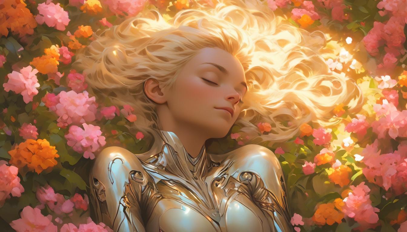  hyperrealism,fantasy aesthetic1woman, large busted attractive blonde arian female humanoid, lying on a blanket of flowers, feeling Gaia's nurturing presence, soft glow surrounding her, harmonious and grounding atmosphere, high tech clothing clad in sleek, futuristic costume with metallic accents and form fitting designs, marvel superhero comics style, unreal engine rendering