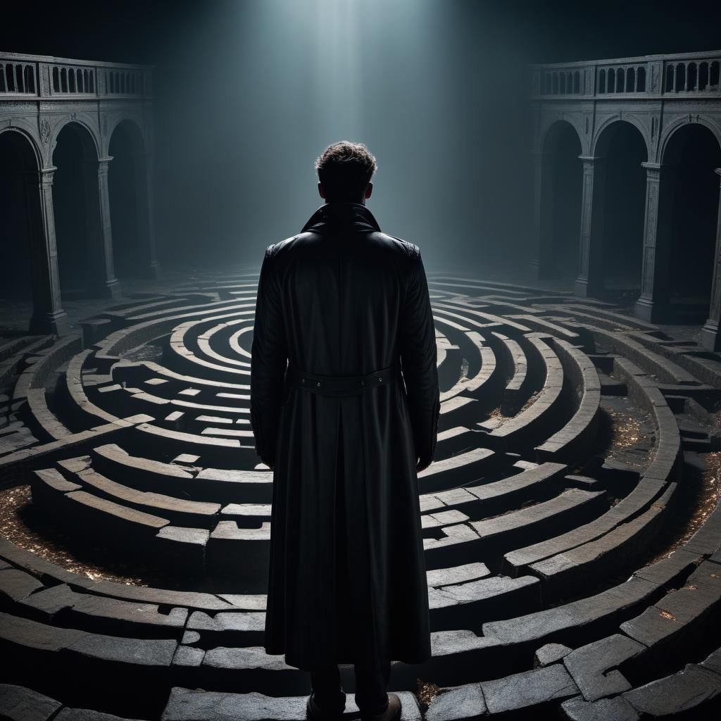  A person walking in a dark, shadowy labyrinth filled with broken pieces of dreams. The figure appears sorrowful and heavy-hearted. Echoes of past voices surround them, contributing to a haunting atmosphere. The fading light offers no comfort, casting long, somber shadows. The environment is dim and bleak, representing wavering resolve, but the person continues to move forward despite the despair. hyperrealistic, full body, detailed clothing, highly detailed, cinematic lighting, stunningly beautiful, intricate, sharp focus, f/1. 8, 85mm, (centered image composition), (professionally color graded), ((bright soft diffused light)), volumetric fog, trending on instagram, trending on tumblr, HDR 4K, 8K