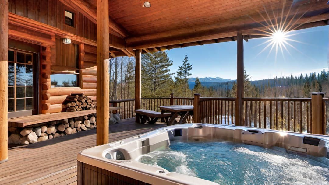  Inviting outdoor hot tub with forest backdrop, log cabin exterior, zoomed out to see the full home, sharp and crisp image, bright sunny day