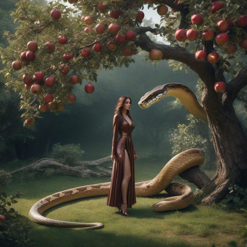  The girl and her boyfriend stand under an apple tree. But over him hangs a huge snake. hyperrealistic, full body, detailed clothing, highly detailed, cinematic lighting, stunningly beautiful, intricate, sharp focus, f/1. 8, 85mm, (centered image composition), (professionally color graded), ((bright soft diffused light)), volumetric fog, trending on instagram, trending on tumblr, HDR 4K, 8K