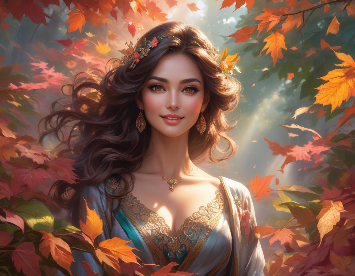  concept art A stunning woman with mesmerizing brown eyes and a shy, yet lovely smile stands amidst a whirlwind of colorful leaves, her beauty rivaling that of nature itself., face by Bagshaw, Atroshenko, . digital artwork, illustrative, painterly, matte painting, highly detailed hyperrealistic, full body, detailed clothing, highly detailed, cinematic lighting, stunningly beautiful, intricate, sharp focus, f/1. 8, 85mm, (centered image composition), (professionally color graded), ((bright soft diffused light)), volumetric fog, trending on instagram, trending on tumblr, HDR 4K, 8K