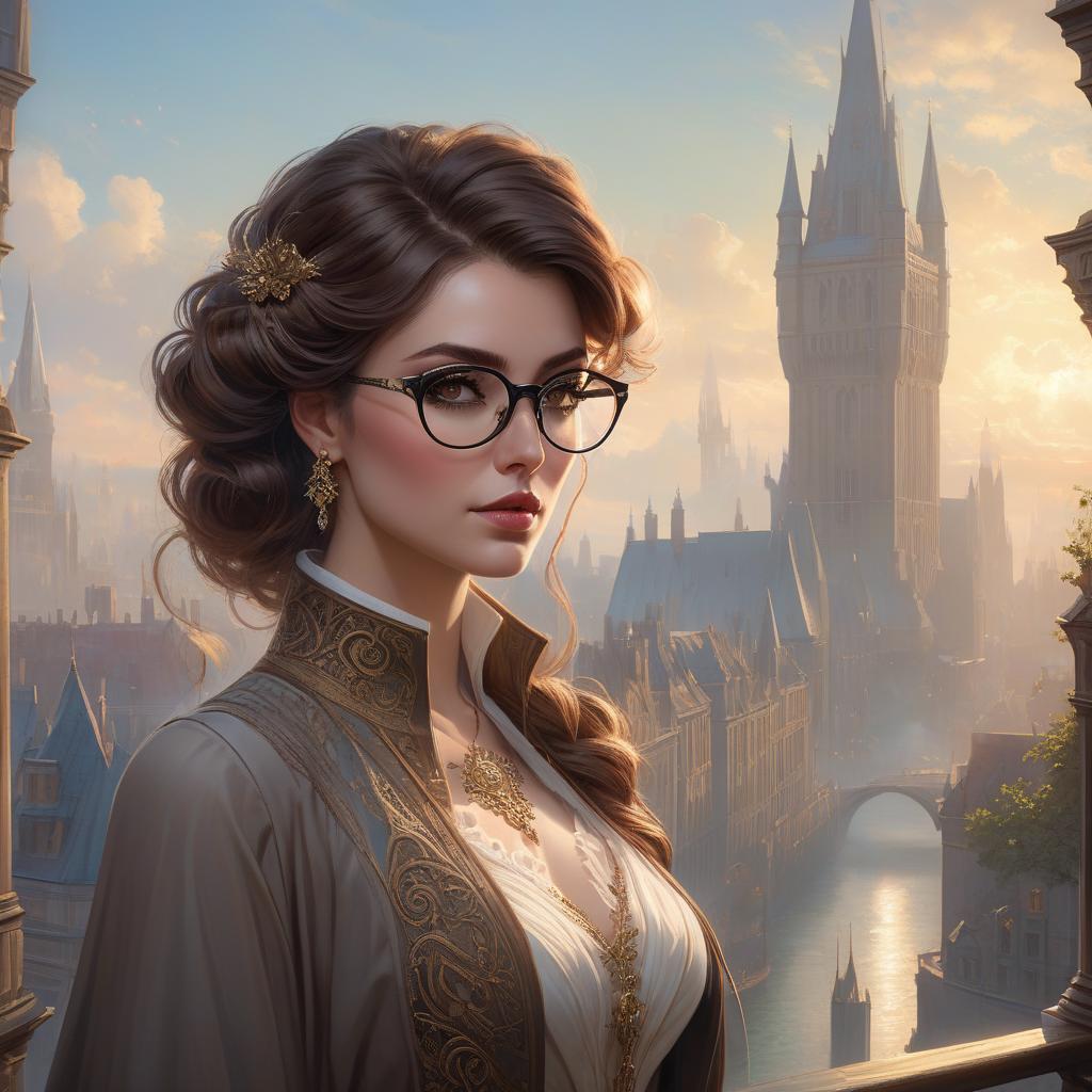  woman with glasses standing in front of a city, inspired by Magali Villeneuve, fantasy art, girl with brown hair, tom bagshaw donato giancola, konstantin razumov, harry potter portrait, style of peter mohrbacher, with black eyeglasses, magali villeneuve and monet, ornate hair, bussiere rutkowski andreas rocha Started from image: hyperrealistic, full body, detailed clothing, highly detailed, cinematic lighting, stunningly beautiful, intricate, sharp focus, f/1. 8, 85mm, (centered image composition), (professionally color graded), ((bright soft diffused light)), volumetric fog, trending on instagram, trending on tumblr, HDR 4K, 8K