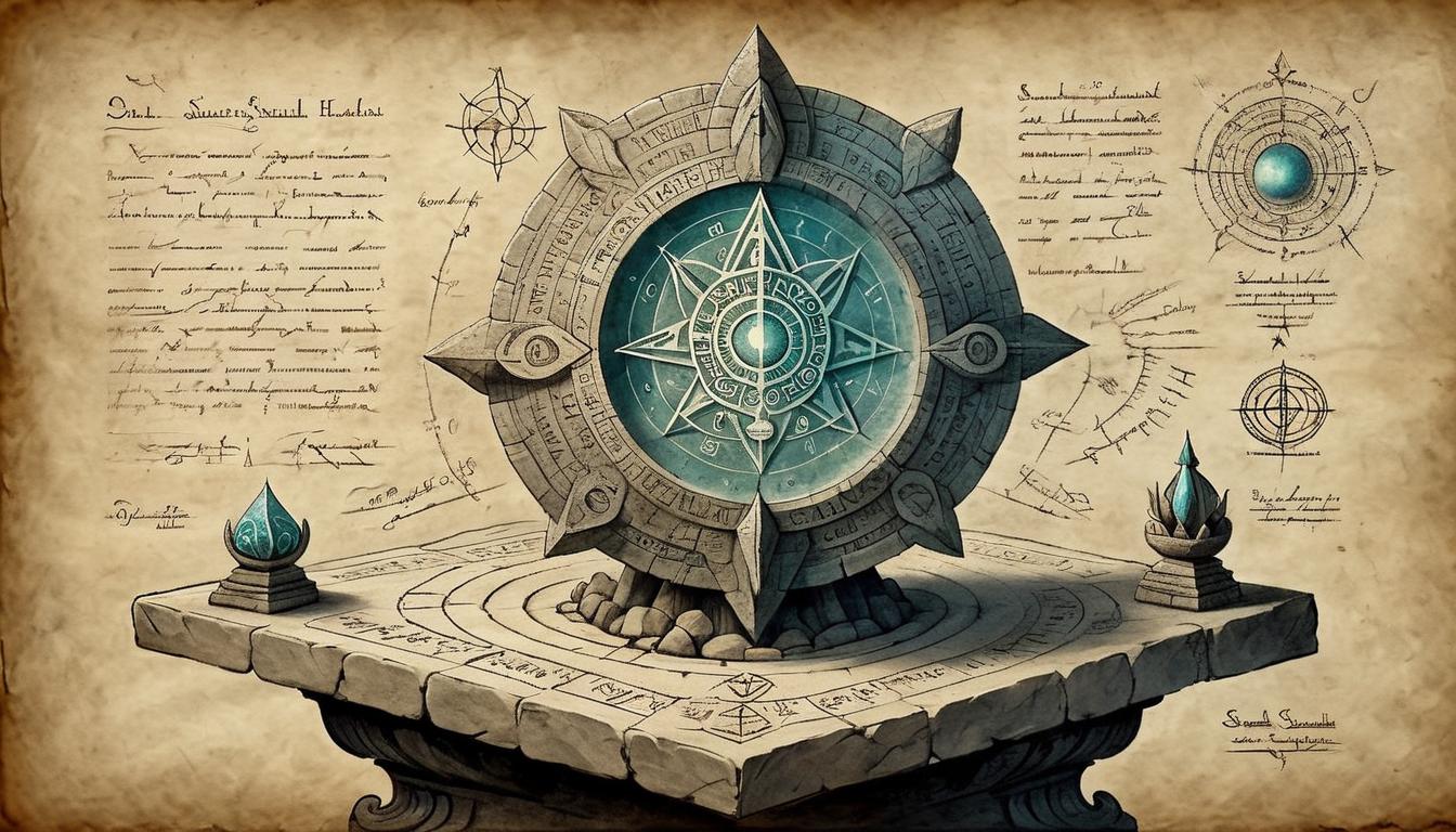  on parchment, surrealism+++, Ancient artifact glowing on a stone pedestal, surrounded by inscriptions and sacred geometry, mysterious, powerful(mysterious, provocative, symbolic,muted color)+++