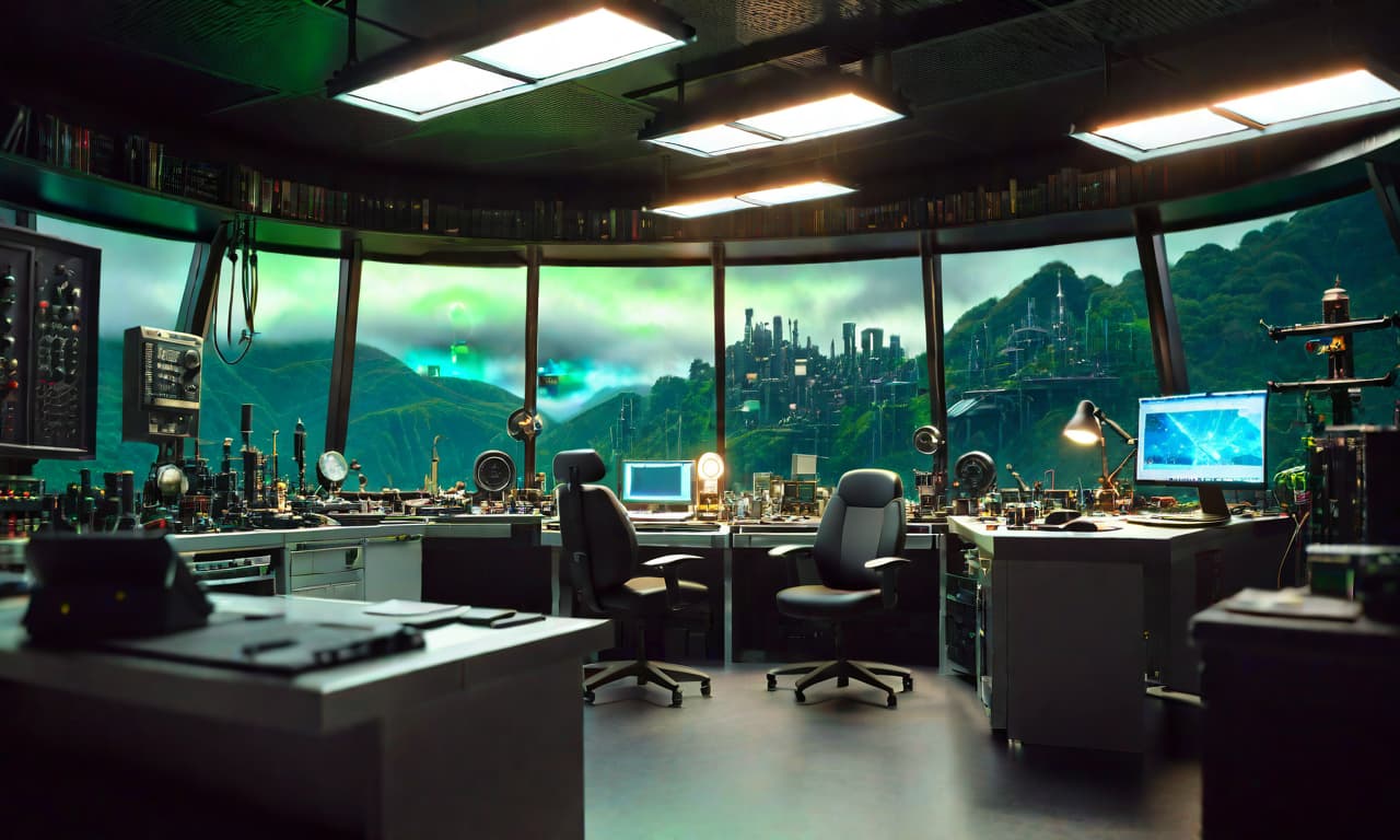  tilt shift photo of a dark cyber laboratory background, green world, realistic, mystical, galaxy, machine in her room that looks like a lab with amazing scenery, zoomed out, big green windows made of silver metal, i, dark atmosphere, clear composition, clear lines, fine detail, 4k, trending on artstation, volumetric lighting, background, 16k, high resolution, atmospheric haze, Film grain, cinematic film still, shallow depth of field, highly detailed, moody, epic, photorealistic, atmospheric lighting, volumetric lighting. The technique of painting is simple, cinematic. ethereal lights, mysterious and alluring atmosphere, trending on art galleries specializing in fantasy art. extremely detailed, fantasy art style, dark colours, symmetrical, r hyperrealistic, full body, detailed clothing, highly detailed, cinematic lighting, stunningly beautiful, intricate, sharp focus, f/1. 8, 85mm, (centered image composition), (professionally color graded), ((bright soft diffused light)), volumetric fog, trending on instagram, trending on tumblr, HDR 4K, 8K