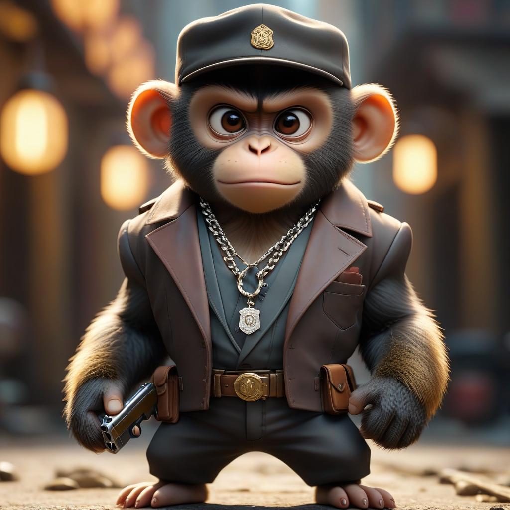  cinematic photo Little monkey, gangster boss, fully grown, with a neck chain, a brutal teat dangling, holding a pistol in one hand. . 35mm photograph, film, bokeh, professional, 4k, highly detailed hyperrealistic, full body, detailed clothing, highly detailed, cinematic lighting, stunningly beautiful, intricate, sharp focus, f/1. 8, 85mm, (centered image composition), (professionally color graded), ((bright soft diffused light)), volumetric fog, trending on instagram, trending on tumblr, HDR 4K, 8K