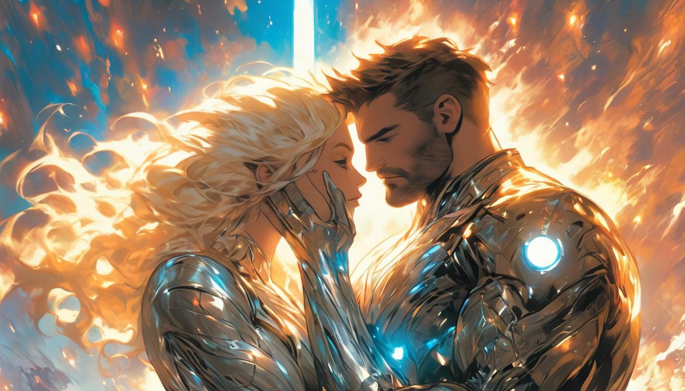  hyperrealism,fantasy aesthetic1woman1man, large busted attractive blonde arian female humanoid and handsome brunet male humanoid, celestial light illuminating them, embracing each other, cosmic background, high tech clothing clad in sleek, futuristic costume with metallic accents and form fitting designs, marvel superhero comics style, unreal engine rendering