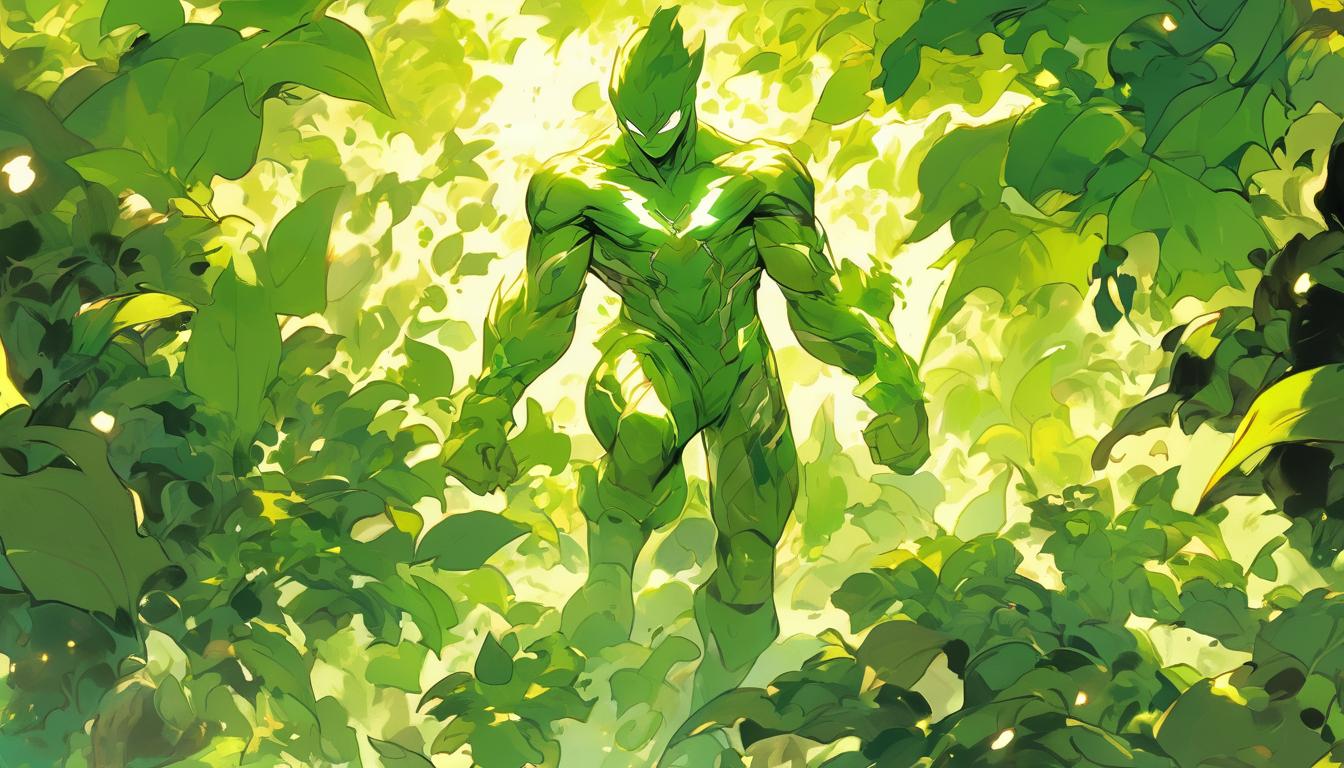  hyperrealism,fantasy aestheticClose up of tree leaves, vibrant green foliage, sunlight filtering through, leaves taking in carbon dioxide, oxygen exhalation, Earth's breath, revitalization, high tech clothing clad in sleek, futuristic costume with metallic accents and form fitting designs, marvel superhero comics style, unreal engine rendering