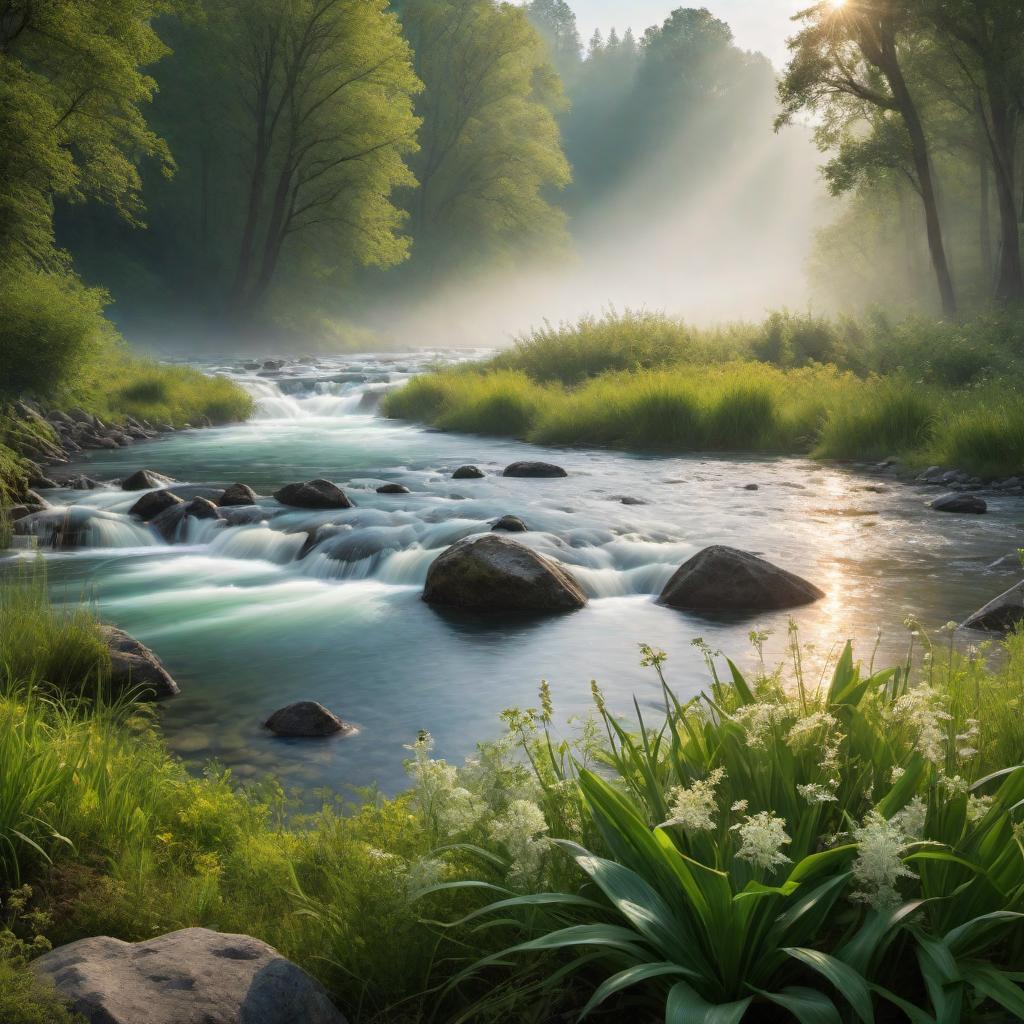  Create an abstract image of a field and stream called 'Faith'. The field should have a soft, dreamy quality with hues of gentle greens and blues, merging seamlessly with a winding stream that glows with hints of golden light symbolizing divine presence. The overall composition should evoke a sense of peace, spiritual depth, and unwavering trust, without depicting any specific human figures, focusing purely on the tranquil and uplifting elements of nature. hyperrealistic, full body, detailed clothing, highly detailed, cinematic lighting, stunningly beautiful, intricate, sharp focus, f/1. 8, 85mm, (centered image composition), (professionally color graded), ((bright soft diffused light)), volumetric fog, trending on instagram, trending on tumblr, HDR 4K, 8K