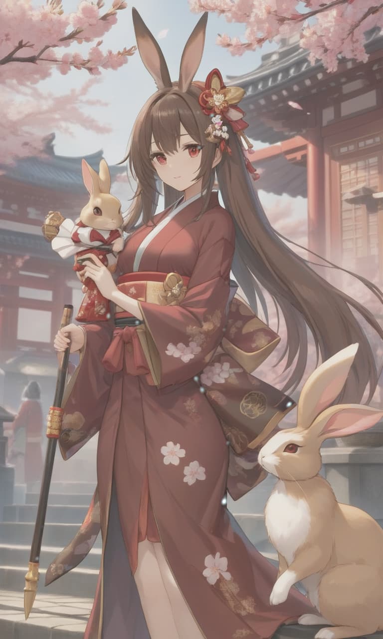  A tall girl. Long hair of chocolate color, red tips. Red colored eyes. On her head, chocolate colored rabbit ears and a chocolate colored rabbit tail. Wearing a short kimono. Kimono is burgundy colored, with black and golden trim and open shoulders. Wearing gold accessories. Wearing traditional Japanese footwear. Holding a long spear with a cherry blossom adorned tip. The girl stands straight. Genshin Impact style. hyperrealistic, full body, detailed clothing, highly detailed, cinematic lighting, stunningly beautiful, intricate, sharp focus, f/1. 8, 85mm, (centered image composition), (professionally color graded), ((bright soft diffused light)), volumetric fog, trending on instagram, trending on tumblr, HDR 4K, 8K