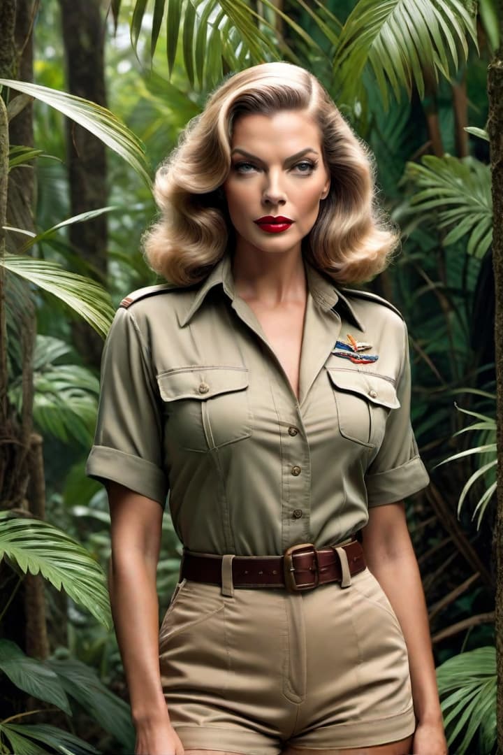  1940s era female explorer ,Lauren Bacall, wearing khaki shorts and short sleeve khaki shirt with khaki knee socks , sinking h the jungle swamp up to her chest hyperrealistic, full body, detailed clothing, highly detailed, cinematic lighting, stunningly beautiful, intricate, sharp focus, f/1. 8, 85mm, (centered image composition), (professionally color graded), ((bright soft diffused light)), volumetric fog, trending on instagram, trending on tumblr, HDR 4K, 8K