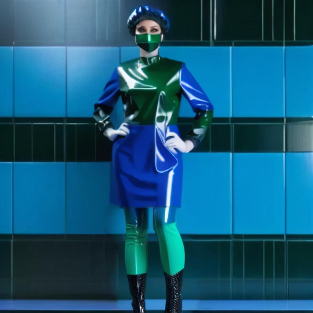  a woman surgeon stands straight with her feet shoulder width apart, showing off the unique gradient effect of her trousers. The upper part of the trousers is made of glossy dark blue latex, which gradually transitions to glossy dark green latex towards the lower, creating an unusual play of colors. The trousers are tucked into high shoe covers in the form of high boots, knee length, with flat soles without heels, hyperrealistic, full body, detailed clothing, highly detailed, cinematic lighting, stunningly beautiful, intricate, sharp focus, f/1. 8, 85mm, (centered image composition), (professionally color graded), ((bright soft diffused light)), volumetric fog, trending on instagram, trending on tumblr, HDR 4K, 8K