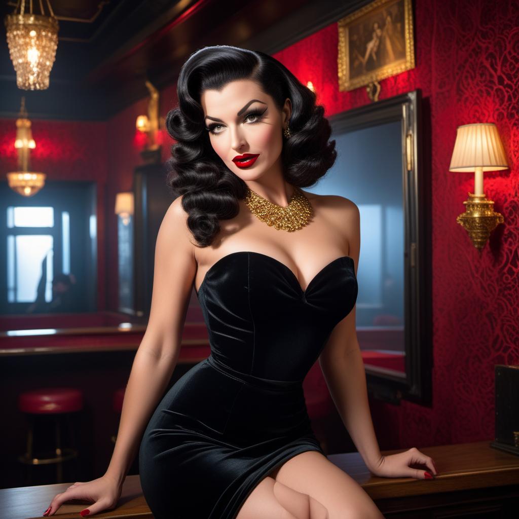  A stunning burlesque dancer in the style of Betty Paige and Norma Jean, with a snarl Mona Lisa smile on her face. She has wavy dark hair, glamorous red lipstick, and is dressed in a black and gold outfit. The background features a vintage keyhole, adding an air of mystery and allure. The scene is set in a 1950s vintage nightclub, with velvet curtains and dim, warm lighting. hyperrealistic, full body, detailed clothing, highly detailed, cinematic lighting, stunningly beautiful, intricate, sharp focus, f/1. 8, 85mm, (centered image composition), (professionally color graded), ((bright soft diffused light)), volumetric fog, trending on instagram, trending on tumblr, HDR 4K, 8K