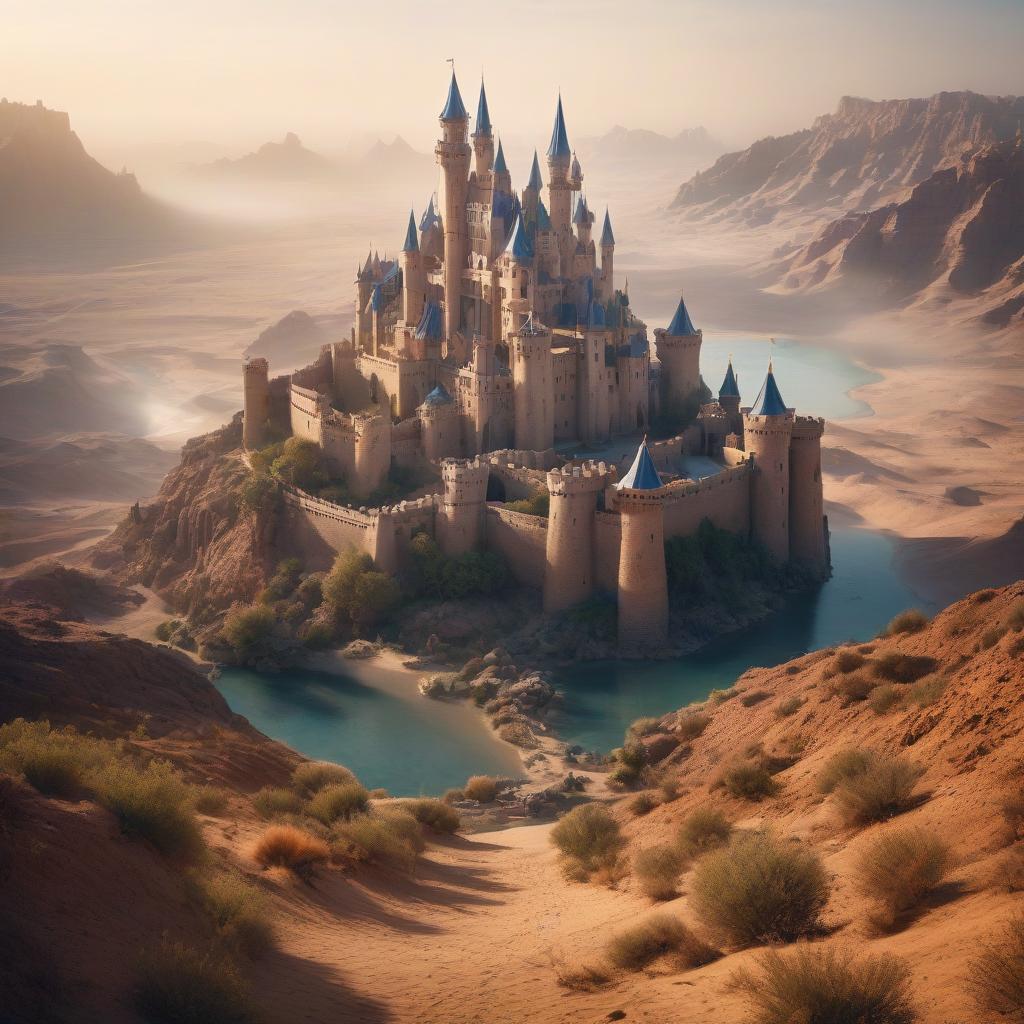  A fantastic fairy tale castle. New technology. Desert. Oasis. There's a sea around. hyperrealistic, full body, detailed clothing, highly detailed, cinematic lighting, stunningly beautiful, intricate, sharp focus, f/1. 8, 85mm, (centered image composition), (professionally color graded), ((bright soft diffused light)), volumetric fog, trending on instagram, trending on tumblr, HDR 4K, 8K