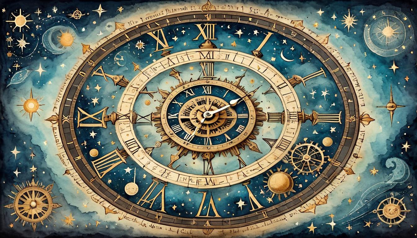  on parchment, surrealism+++, Celestial clock with gears made of stars and constellations, intricate and illuminated, background of the universe, eternal, cosmic, profound(mysterious, provocative, symbolic,muted color)+++