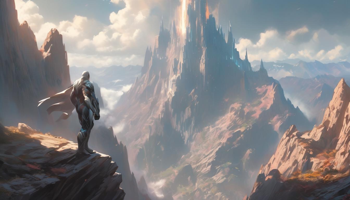  hyperrealism,fantasy aestheticA person scaling a towering peak, reaching for the summit, obstacles below transforming into solid footholds, perseverance, determination, ascending, high tech clothing clad in sleek, futuristic costume with metallic accents and form fitting designs, marvel superhero comics style, unreal engine rendering