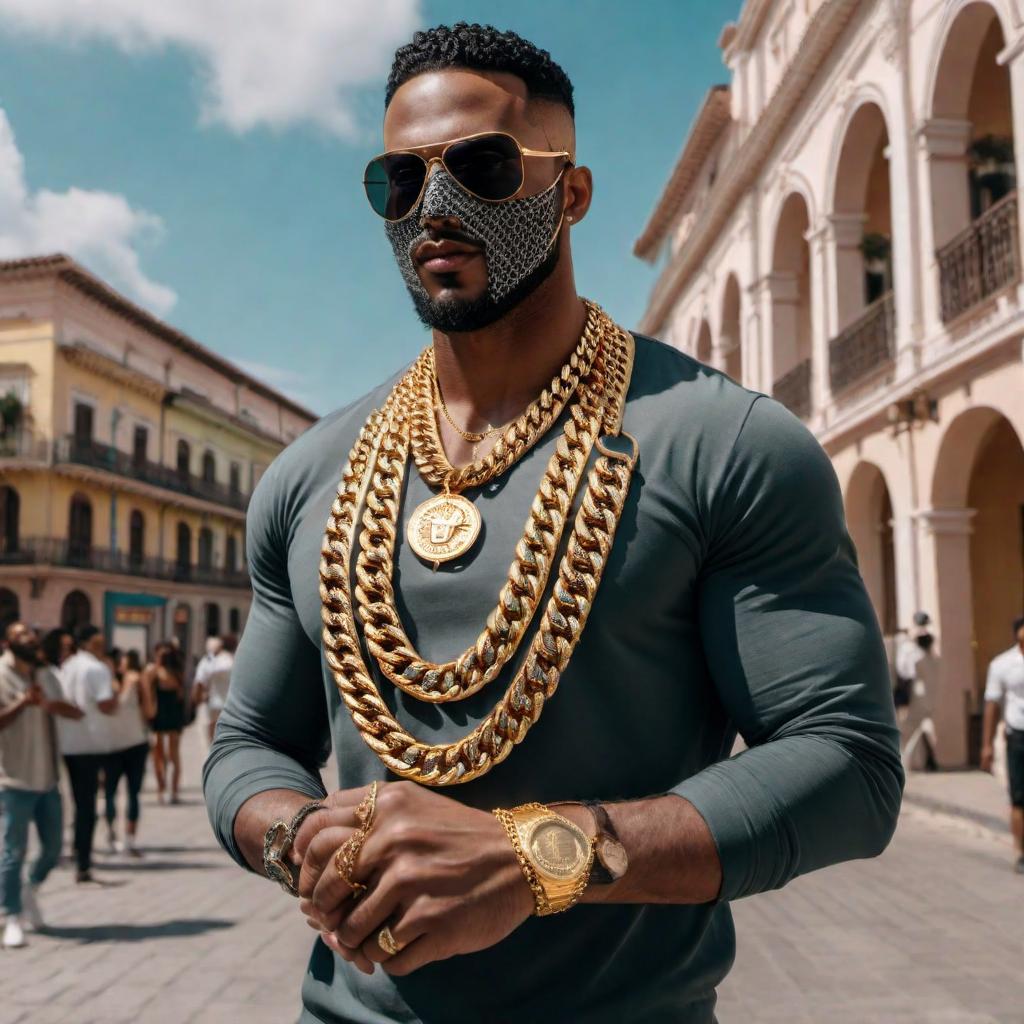  A masked guy spreading money and showing off his gold Cuban chain necklace in a TikTok video. hyperrealistic, full body, detailed clothing, highly detailed, cinematic lighting, stunningly beautiful, intricate, sharp focus, f/1. 8, 85mm, (centered image composition), (professionally color graded), ((bright soft diffused light)), volumetric fog, trending on instagram, trending on tumblr, HDR 4K, 8K