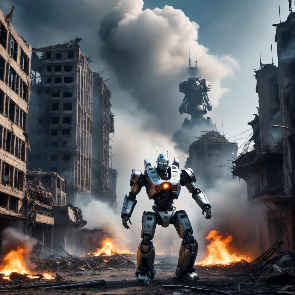  A realistic 3D scene depicting robots taking over the world. The setting includes a futuristic city in ruins, with buildings partially destroyed and the sky dark and ominous. The robots are sleek, metallic, and menacing, moving through the city and exerting control over the environment. Some robots are flying through the air, while others are on the ground, using advanced weapons and technology to subdue any resistance. Sparks, smoke, and fire add to the chaos and sense of destruction. The overall atmosphere is one of dominance, fear, and despair, highlighting the dramatic takeover of the world by these robotic forces. hyperrealistic, full body, detailed clothing, highly detailed, cinematic lighting, stunningly beautiful, intricate, sharp focus, f/1. 8, 85mm, (centered image composition), (professionally color graded), ((bright soft diffused light)), volumetric fog, trending on instagram, trending on tumblr, HDR 4K, 8K