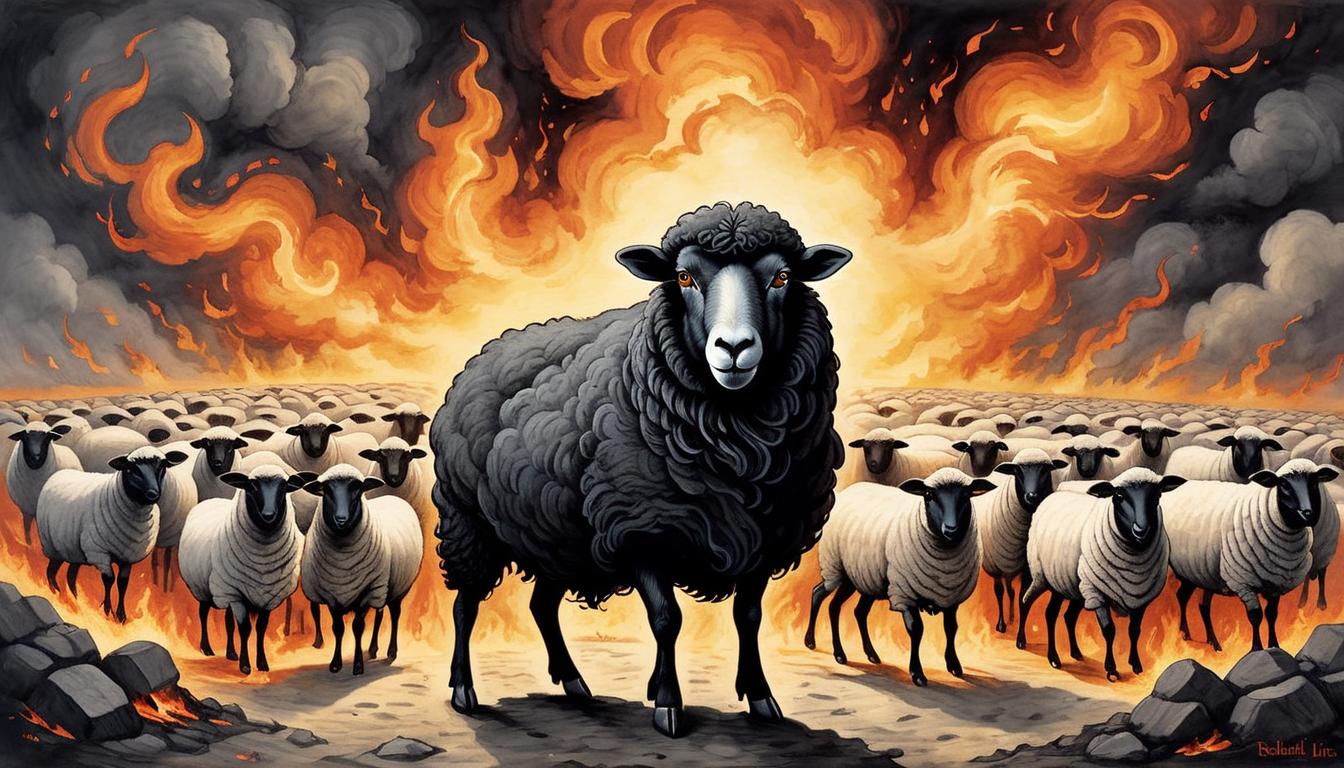  on parchment, surrealism+++, A fierce black sheep standing out from a flock of white ones, embers and flames glowing from within its wool, eyes determined, blazing with inner fire, powerful, rebellious(mysterious, provocative, symbolic,muted color)+++