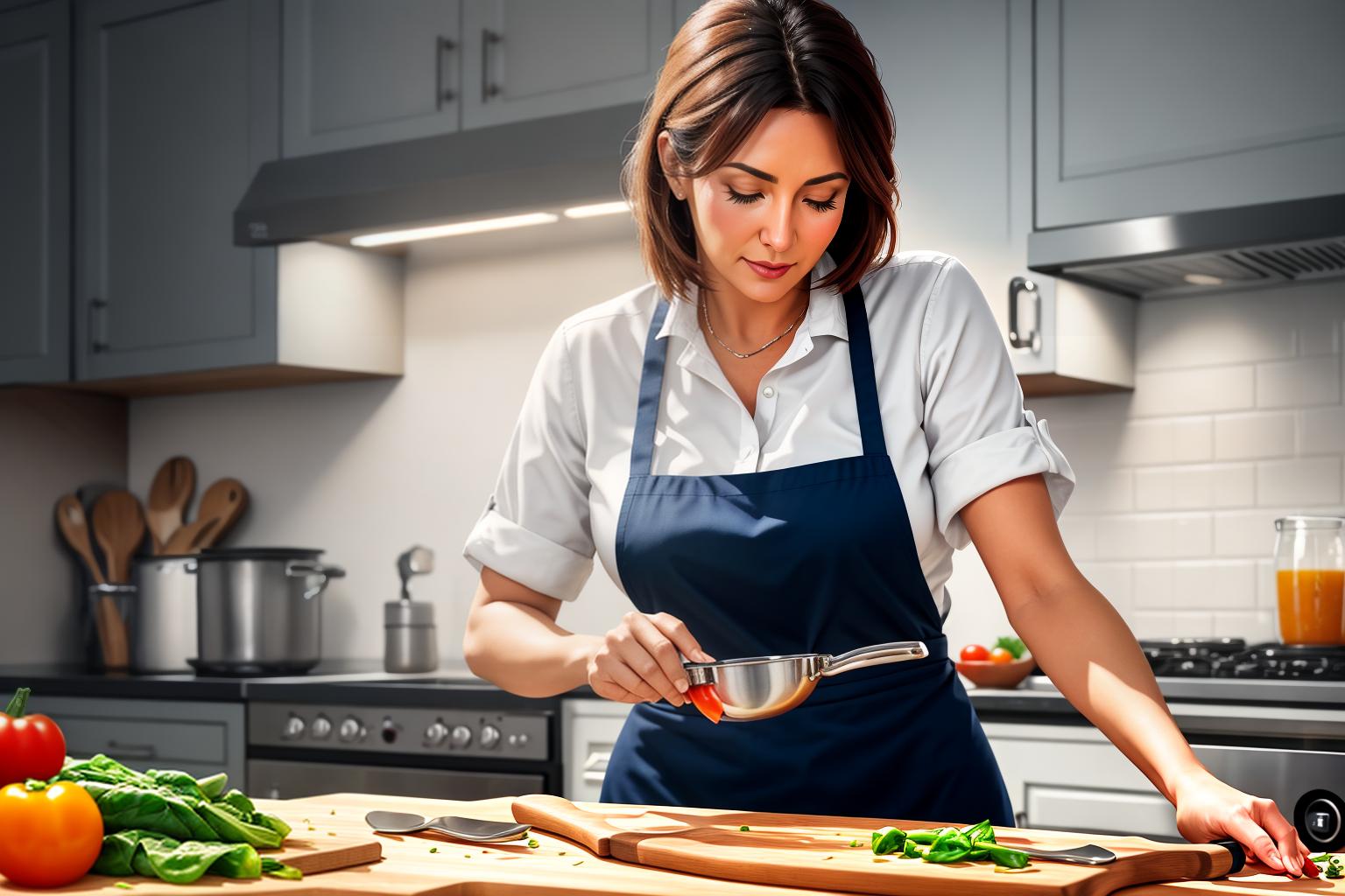  "Realistic close up of a middle aged woman (female) in a modern kitchen, preparing a healthy meal. She is chopping fresh vegetables like spinach, bell peppers, and tomatoes on a wooden cutting board. The background features a clean, well lit kitchen with a bowl of fresh fruits and a glass of water on the counter. The image conveys a sense of health and well being, emphasizing the importance of diet in lowering A1C levels. The style is photorealistic with high detail, ensuring the focus remains on the healthy food preparation."Ensure no face,leg,hand or eye defomities.Ensure all images are clear, detailed, contains no text and no deformities. realistic, highly detailed, photorealistic, cinematic lighting, intricate, sharp focus, f/1.8, 85mm, hyperrealistic, full body, detailed clothing, highly detailed, cinematic lighting, stunningly beautiful, intricate, sharp focus, f/1. 8, 85mm, (centered image composition), (professionally color graded), ((bright soft diffused light)), volumetric fog, trending on instagram, trending on tumblr, HDR 4K, 8K