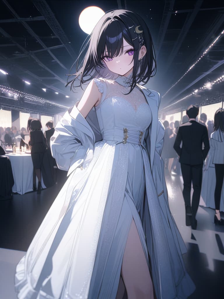  Highest quality,beautiful,Tuxedo,tie,white jacket,fashion show,runway,model,cool girl,Black hair,(purple eyes),short,cropped hair,crescent moon hair ornament,, masterpiece, best quality,8k,ultra detailed,high resolution,an extremely delicate and beautiful,hyper detail