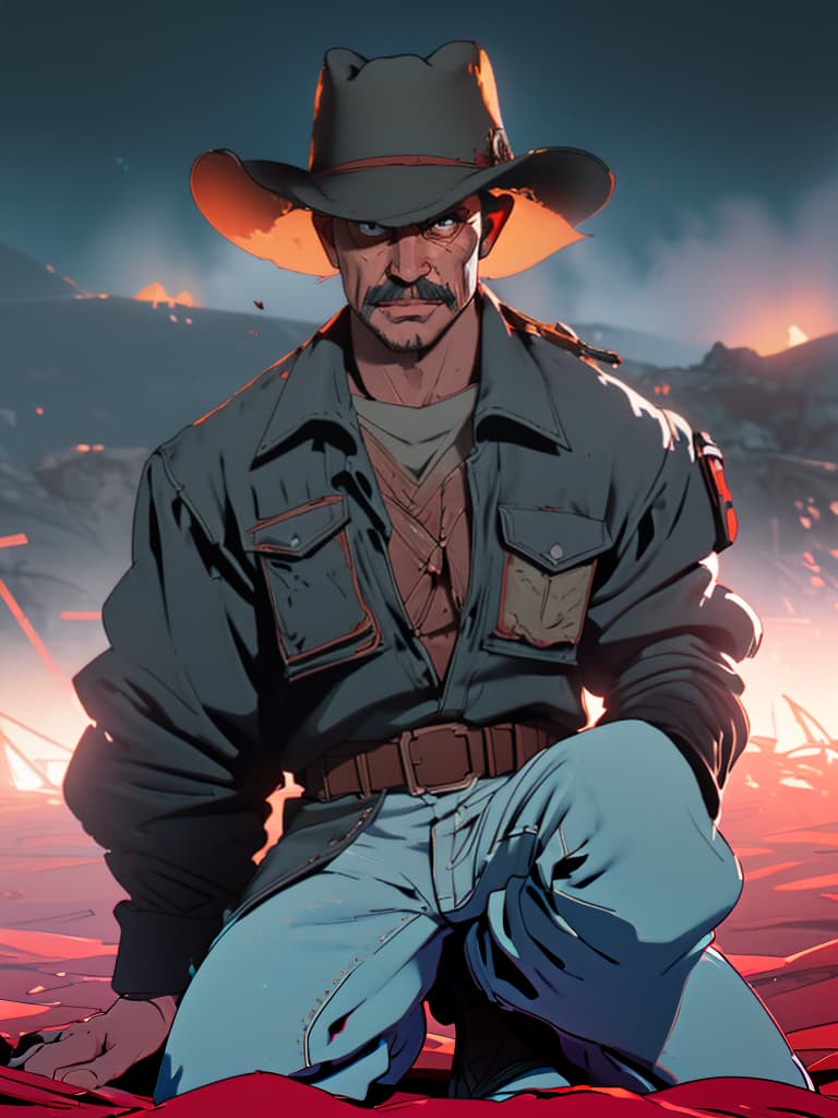  (masterpiece, best quality), ((old man)), cowboy western, cowboy hat, mustache, (looking at viewer, explosion, blood, injury, kneeling, solo), shattered, wasteland, dark mood, cloudy sky hyperrealistic, full body, detailed clothing, highly detailed, cinematic lighting, stunningly beautiful, intricate, sharp focus, f/1. 8, 85mm, (centered image composition), (professionally color graded), ((bright soft diffused light)), volumetric fog, trending on instagram, trending on tumblr, HDR 4K, 8K