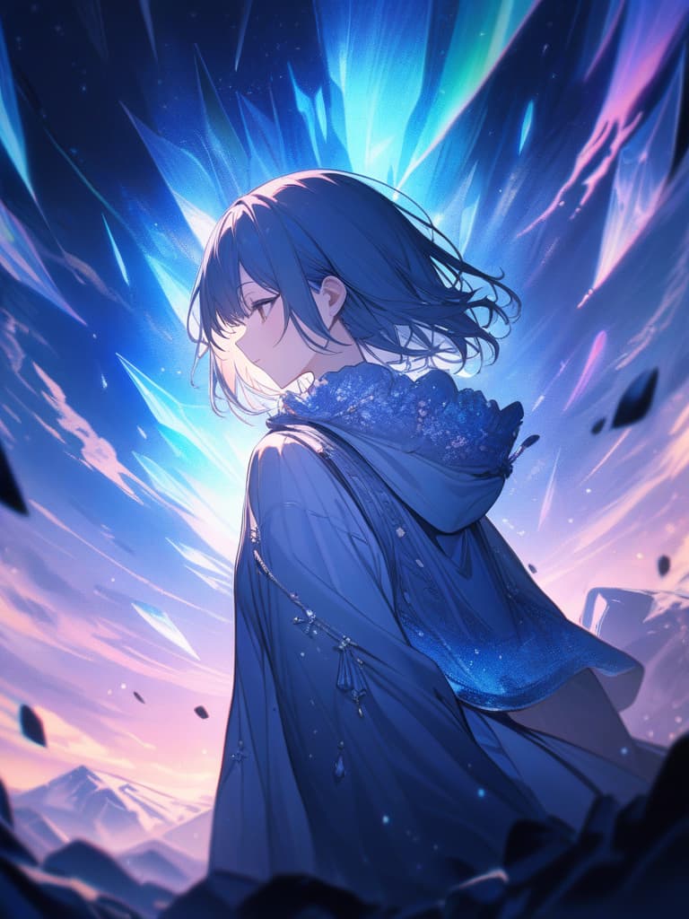  Surrounded by crystals, night sky, aurora, magical , big s, crystal, blue hair, bob cut, gles s, masterpiece, best quality,8k,ultra detailed,high resolution,an extremely delicate and beautiful,hyper detail