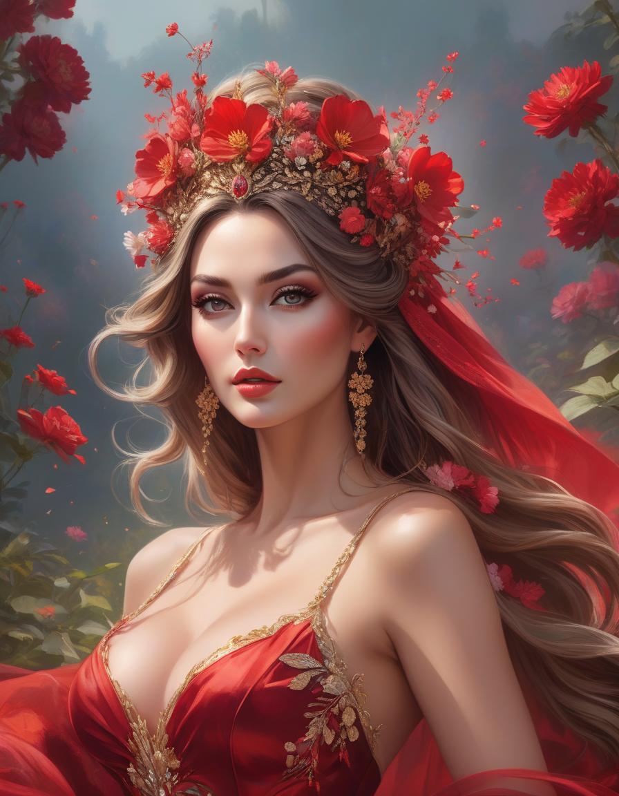  abstract expressionist painting A stunning woman in a vibrant red dress adorned with delicate flowers in her hair, crowned with a regal red tiara, exuding elegance and grace inspired by Magali Villeneuve, fantasy art, karol bak uhd, artgerm, high detailed . energetic brushwork, bold colors, abstract forms, expressive, emotional hyperrealistic, full body, detailed clothing, highly detailed, cinematic lighting, stunningly beautiful, intricate, sharp focus, f/1. 8, 85mm, (centered image composition), (professionally color graded), ((bright soft diffused light)), volumetric fog, trending on instagram, trending on tumblr, HDR 4K, 8K