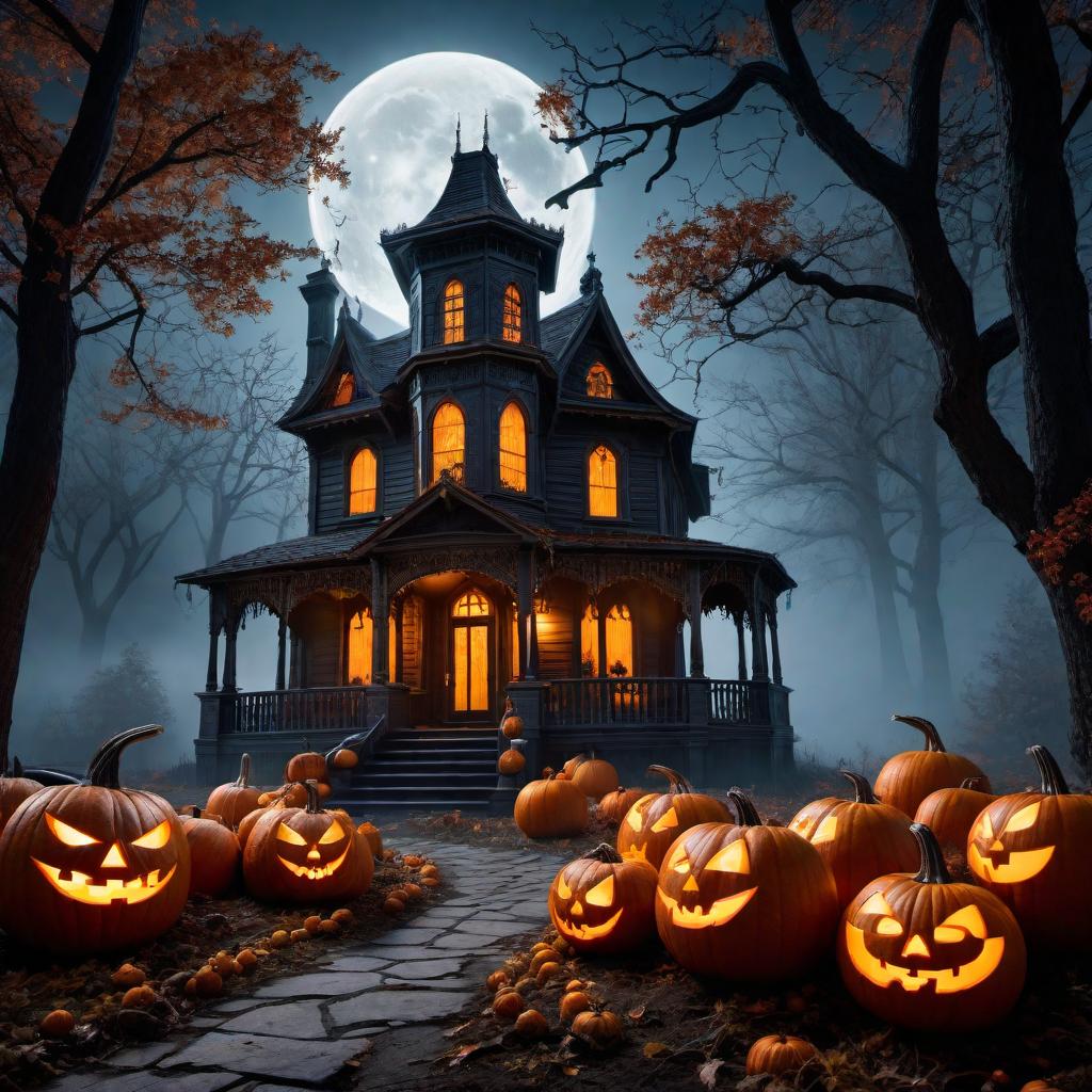  A spooky Halloween scene featuring a haunted house, carved pumpkins with flickering candles inside, ghostly figures, eerie trees, and a full moon in the background. Somewhere in the scene, the name 'Amy' is carved into one of the pumpkins or displayed in a stylish, spooky font. hyperrealistic, full body, detailed clothing, highly detailed, cinematic lighting, stunningly beautiful, intricate, sharp focus, f/1. 8, 85mm, (centered image composition), (professionally color graded), ((bright soft diffused light)), volumetric fog, trending on instagram, trending on tumblr, HDR 4K, 8K