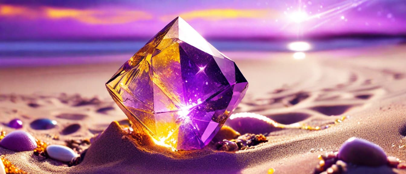  best quality, HD, Beach summer panoramic background with glowing yellow purple magic crystal on the sand