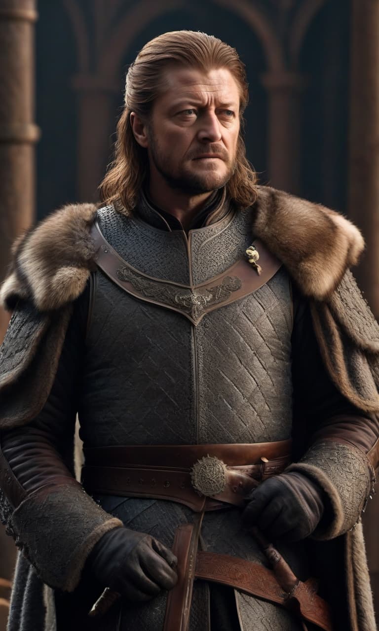  Game of Thrones: Eddard "Ned" Stark in full height hyperrealistic, full body, detailed clothing, highly detailed, cinematic lighting, stunningly beautiful, intricate, sharp focus, f/1. 8, 85mm, (centered image composition), (professionally color graded), ((bright soft diffused light)), volumetric fog, trending on instagram, trending on tumblr, HDR 4K, 8K