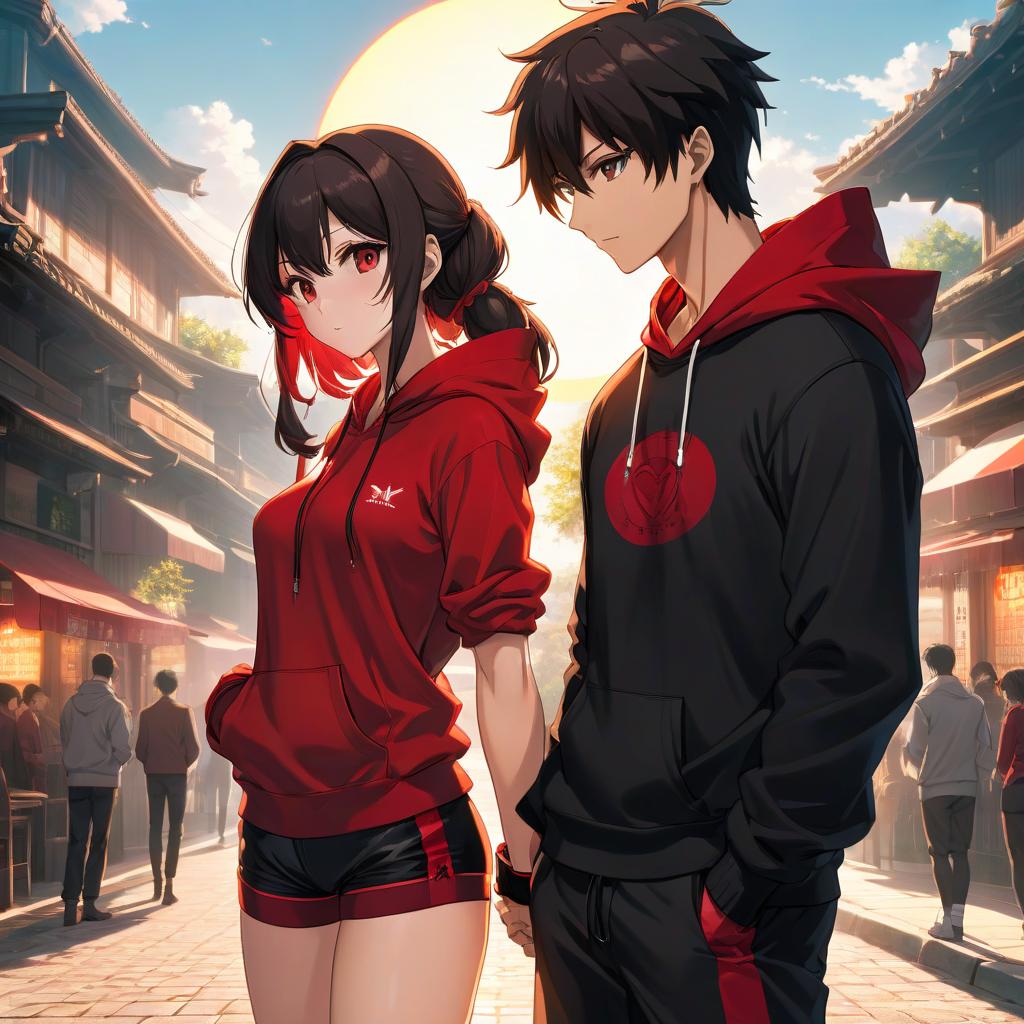  anime artwork A nine yea , beautiful face, blushed, a black and red top, perfect figure, large hips and s, black and red shorts, socks, ing a slim nine yea man in a red hoodie and black pants, with a celet on her left wrist, against a background of a bright sun, they love each other. . anime style, key visual, vint, studio anime, highly detailed hyperrealistic, full body, detailed clothing, highly detailed, cinematic lighting, stunningly beautiful, intricate, sharp focus, f/1. 8, 85mm, (centered image composition), (professionally color graded), ((bright soft diffused light)), volumetric fog, trending on instagram, trending on tumblr, HDR 4K, 8K