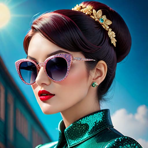  Subject detail: the image depicts a Highly detailed pair of sunglasses with vintage styling, The sunglasses are made from a combination of glitter, metallic, coloured acetate. Art style: in the mixed art style of Irregular Choice, and Osamu Tezuka. Medium: This artwork is highly detailed and photorealistic. hyperrealistic, full body, detailed clothing, highly detailed, cinematic lighting, stunningly beautiful, intricate, sharp focus, f/1. 8, 85mm, (centered image composition), (professionally color graded), ((bright soft diffused light)), volumetric fog, trending on instagram, trending on tumblr, HDR 4K, 8K