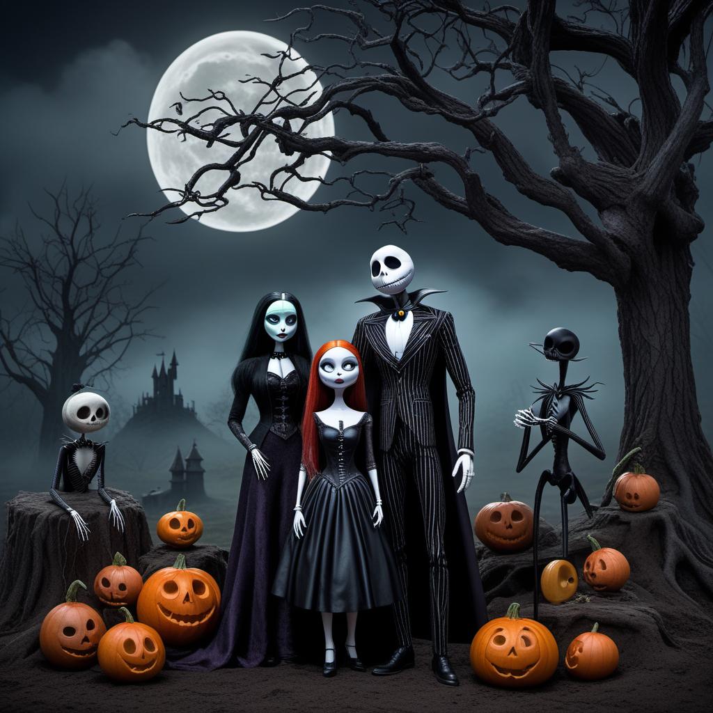  A family portrait inspired by The Nightmare Before Christmas. The scene should include family members dressed in gothic, Tim Burton-style clothing. The background should be a dark, eerie landscape with twisted trees, a full moon, and whimsical, haunted elements. The family should have distinct, exaggerated features reminiscent of characters from the movie, with a mix of spooky and whimsical expressions. The overall color scheme should be dark, using purples, blacks, and grays, with touches of contrasting bright colors like oranges and greens. hyperrealistic, full body, detailed clothing, highly detailed, cinematic lighting, stunningly beautiful, intricate, sharp focus, f/1. 8, 85mm, (centered image composition), (professionally color graded), ((bright soft diffused light)), volumetric fog, trending on instagram, trending on tumblr, HDR 4K, 8K