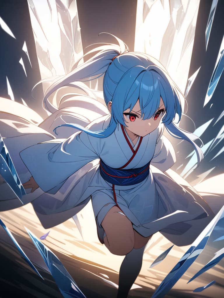  ((Effect,ice effect,ice attribute,ice,ice shards)),pretty girl,cute,beautiful,((light blue hair,blue and red odd eyes,super long hair,in battle,unbuttoned kimono,Yuki onna,crumbling kimono,white kimono,blue obi,running,in battle,knee high socks,mini length kimono,ponytail,cool,))、ultra detailed,best shadow,cute and beautiful face,(masterpiece:1.2),(best quality:1.2),detailed background,high contrast,(best illumination,an extremely delicate and beautiful),((cinematic light)),hyper detail,dramatic light,intricate details,8k,anime,very aesthetic, masterpiece, best quality,8k,ultra detailed,high resolution,an extremely delicate and beautiful,hyper detail