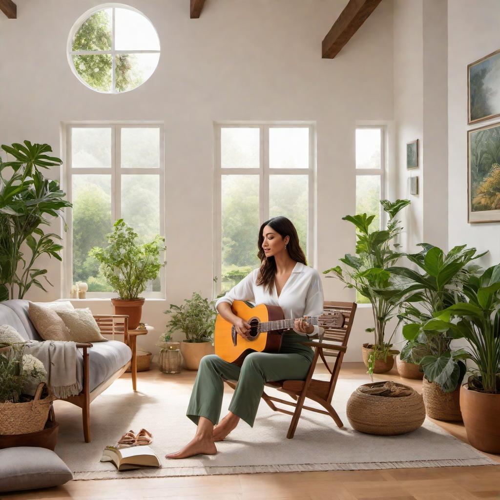  A person engaging in various hobbies such as reading a book, painting, playing a musical instrument like a guitar or piano, gardening, and doing some sports activities like basketball or yoga. The setting is a cozy room or an outdoor area with lots of greenery and natural light. hyperrealistic, full body, detailed clothing, highly detailed, cinematic lighting, stunningly beautiful, intricate, sharp focus, f/1. 8, 85mm, (centered image composition), (professionally color graded), ((bright soft diffused light)), volumetric fog, trending on instagram, trending on tumblr, HDR 4K, 8K